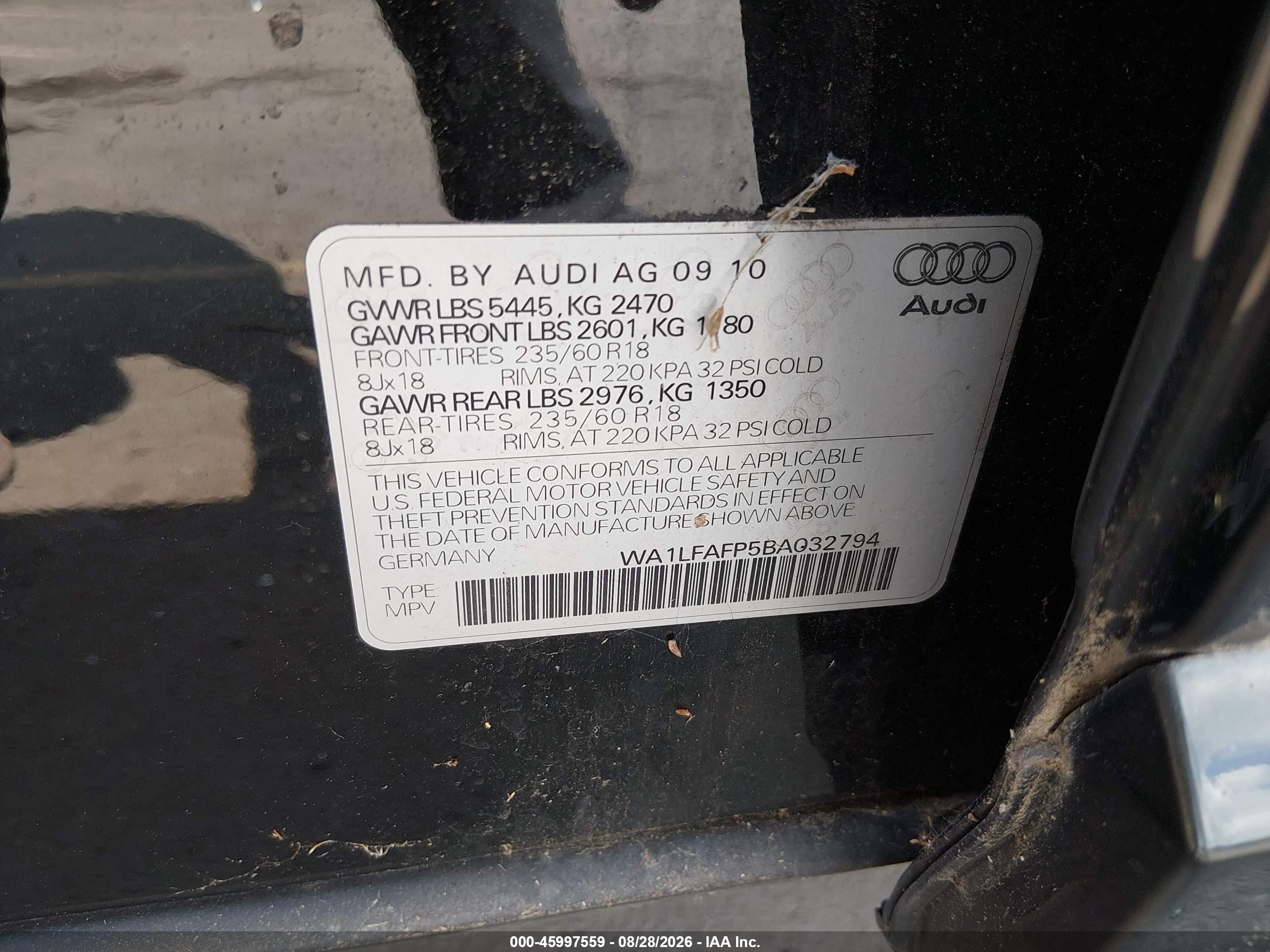 2011 Audi Q5 Premium Plus Black vin: WA1LFAFP5BA032794