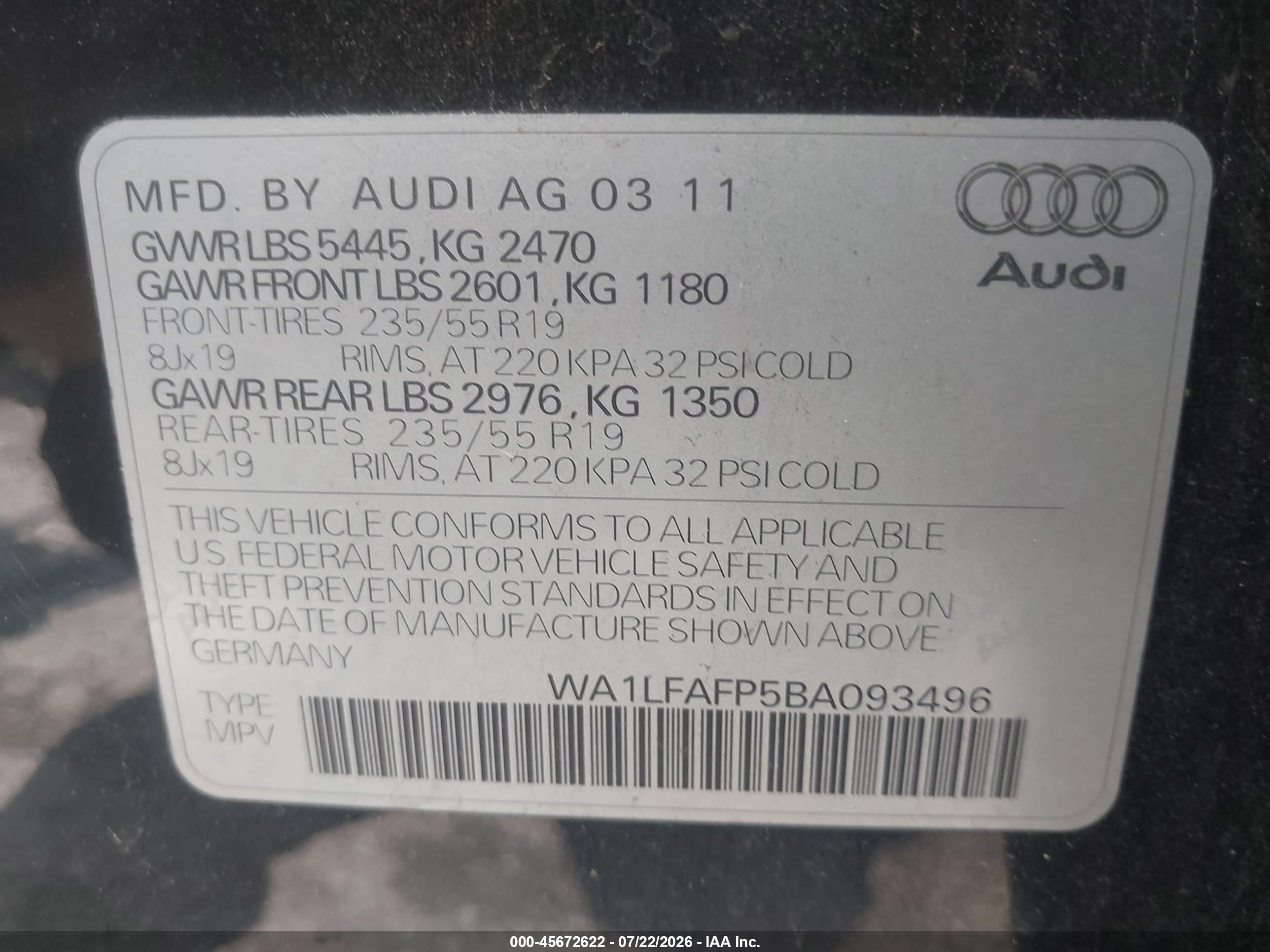 2011 Audi Q5 2.0t Premium Black vin: WA1LFAFP5BA093496