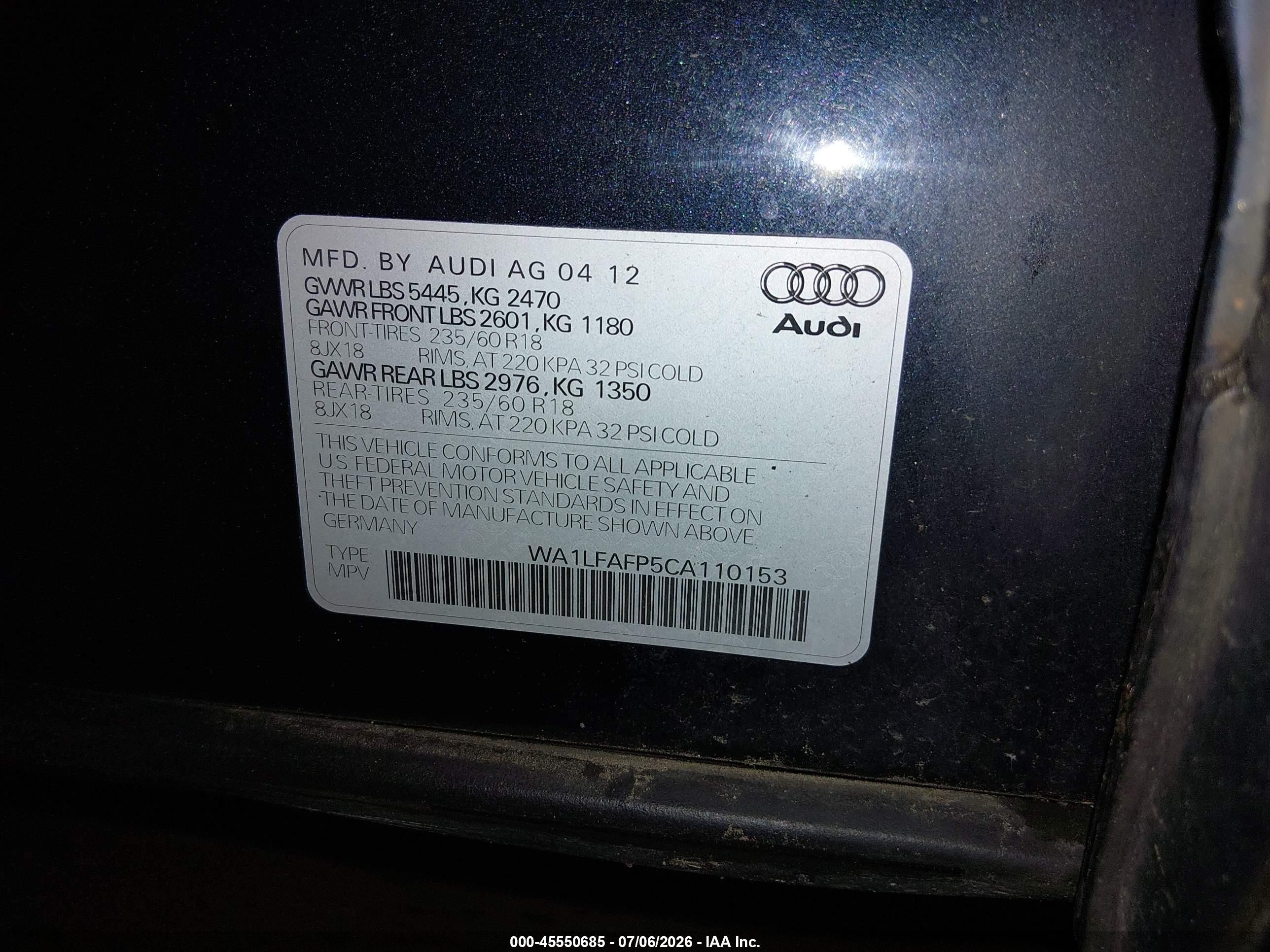 2012 Audi Q5 2.0t Premium Черный vin: WA1LFAFP5CA110153