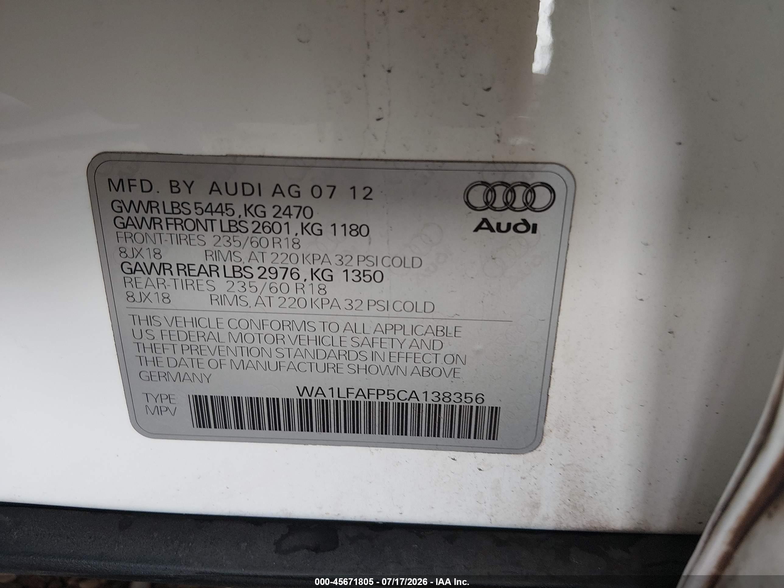 2012 Audi Q5 2.0t Premium White vin: WA1LFAFP5CA138356