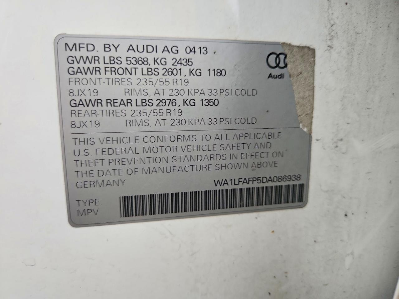 2013 Audi Q5 Premium Plus White vin: WA1LFAFP5DA086938