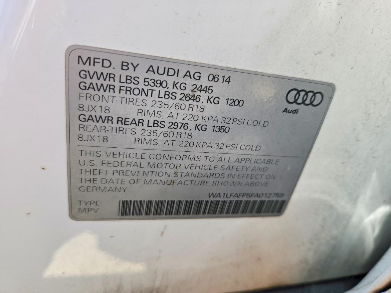 2015 Audi Q5 Premium Plus White vin: WA1LFAFP5FA012759
