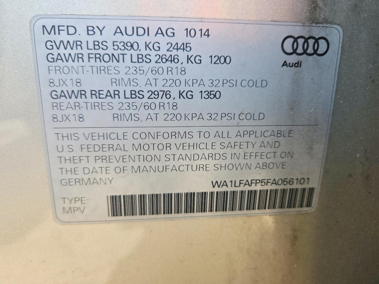 2015 Audi Q5 Premium Plus Beige vin: WA1LFAFP5FA056101