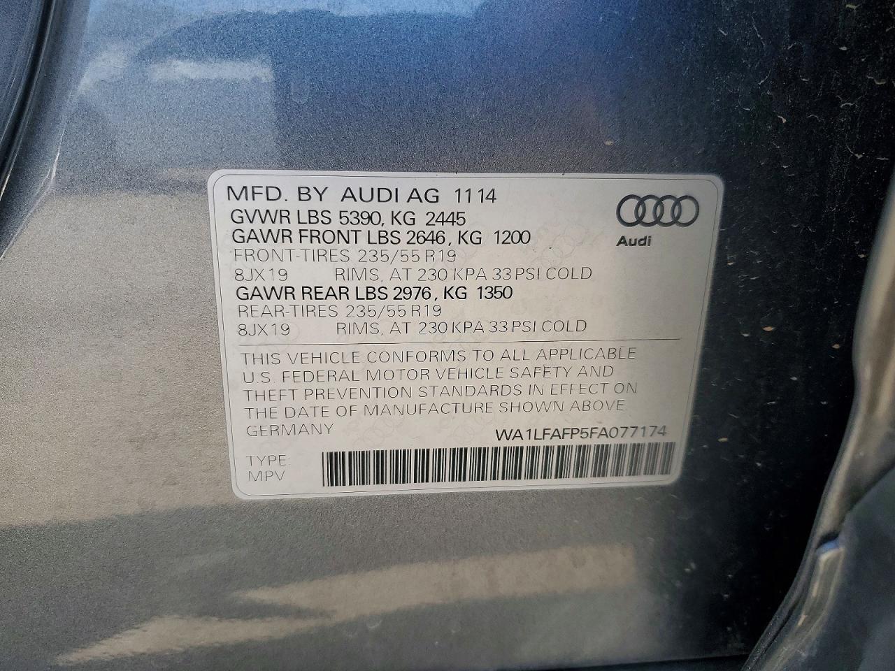 2015 Audi Q5 Premium Plus Серый vin: WA1LFAFP5FA077174