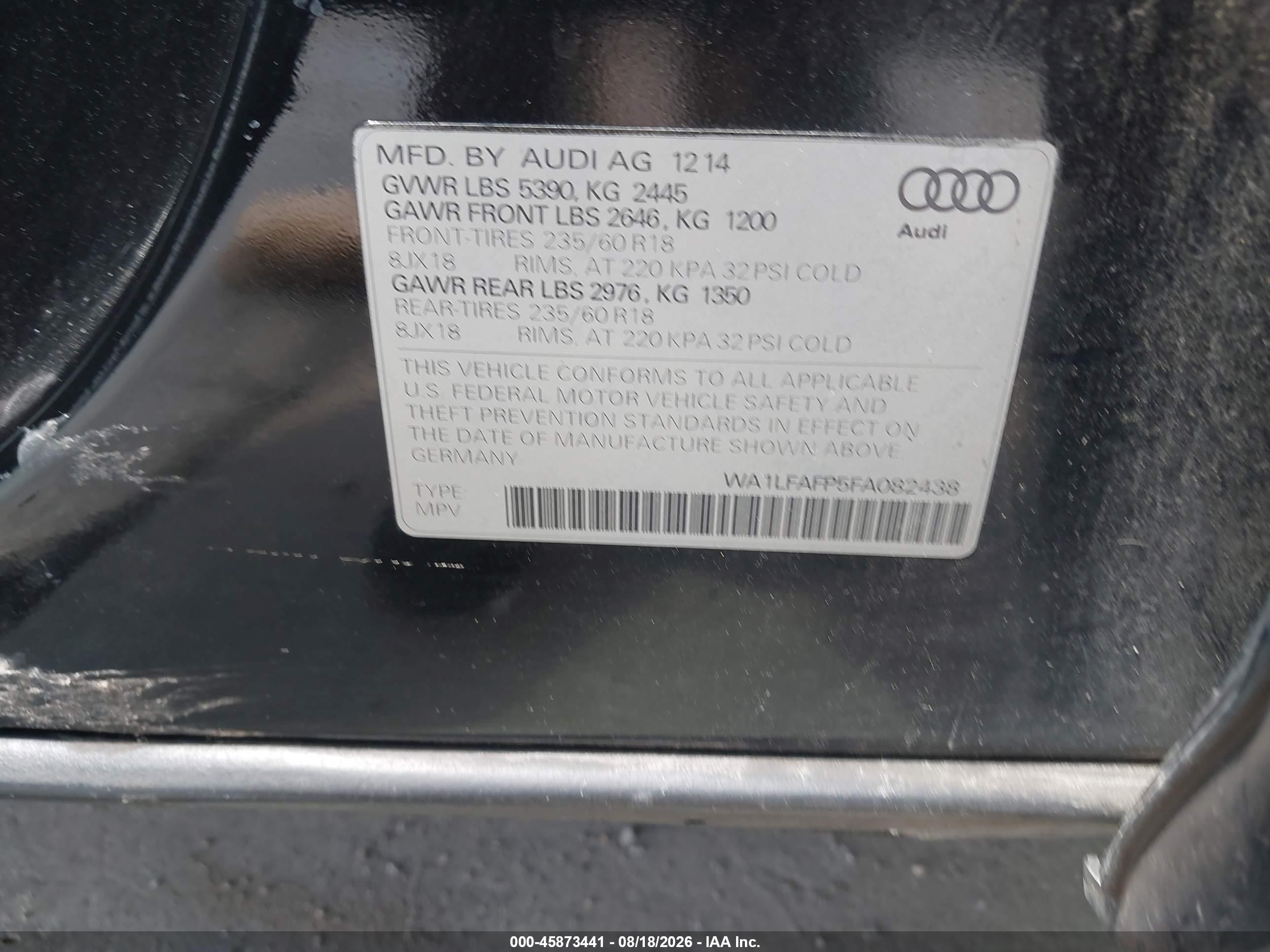 2015 Audi Q5 2.0t Premium Black vin: WA1LFAFP5FA082438