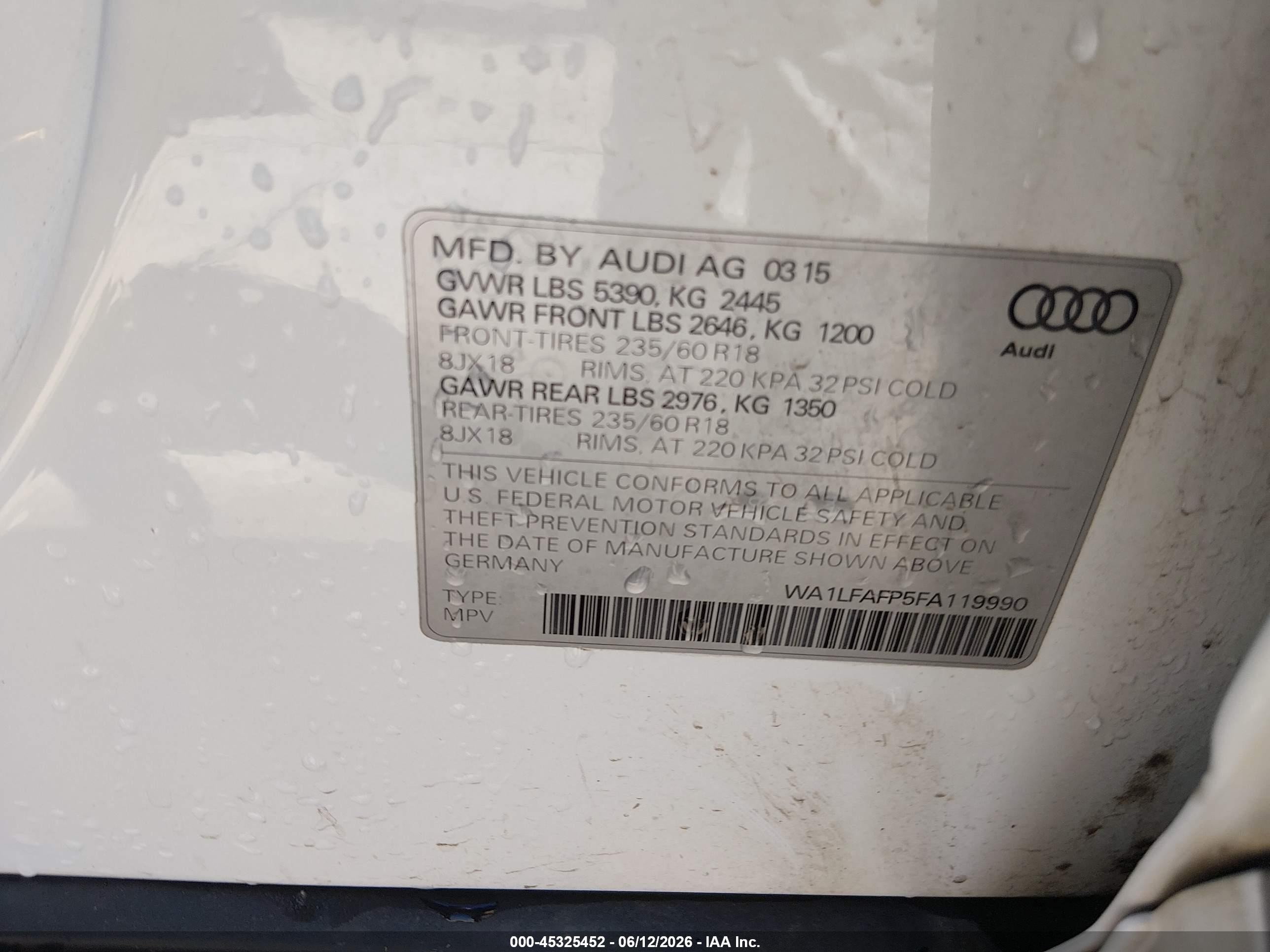 2015 Audi Q5 2.0t Premium White vin: WA1LFAFP5FA119990