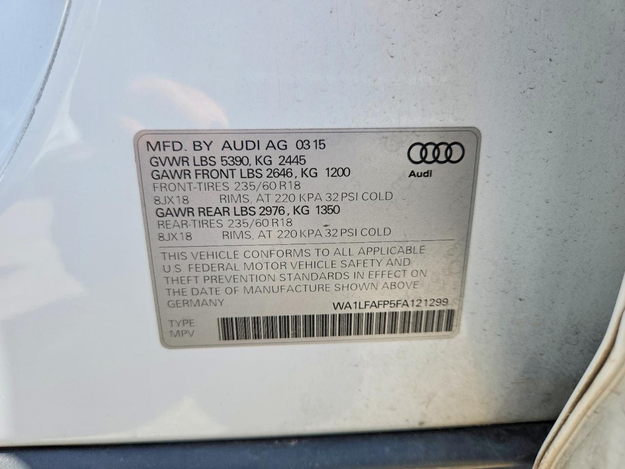 2015 Audi Q5 Premium Plus White vin: WA1LFAFP5FA121299