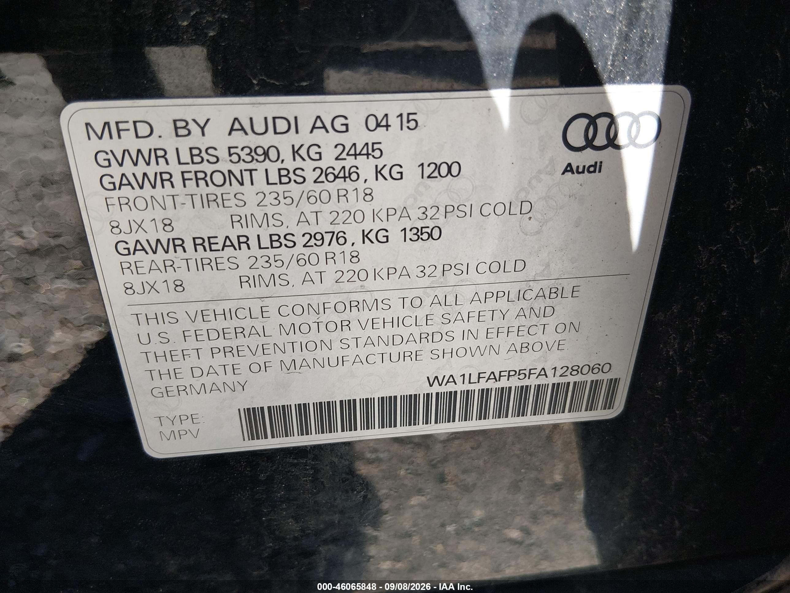 2015 Audi Q5 2.0t Premium Black vin: WA1LFAFP5FA128060