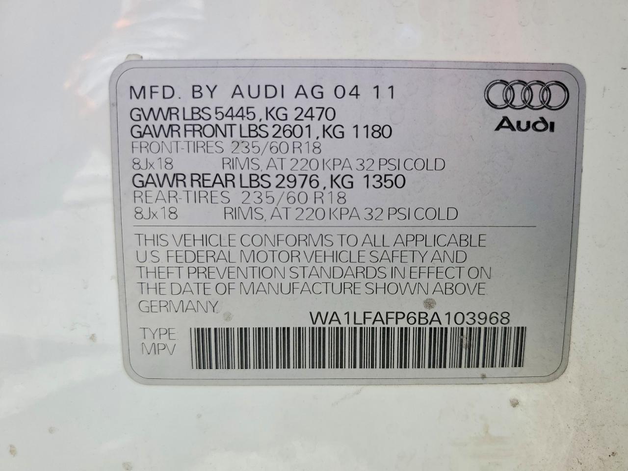 2011 Audi Q5 Premium Plus Белый vin: WA1LFAFP6BA103968