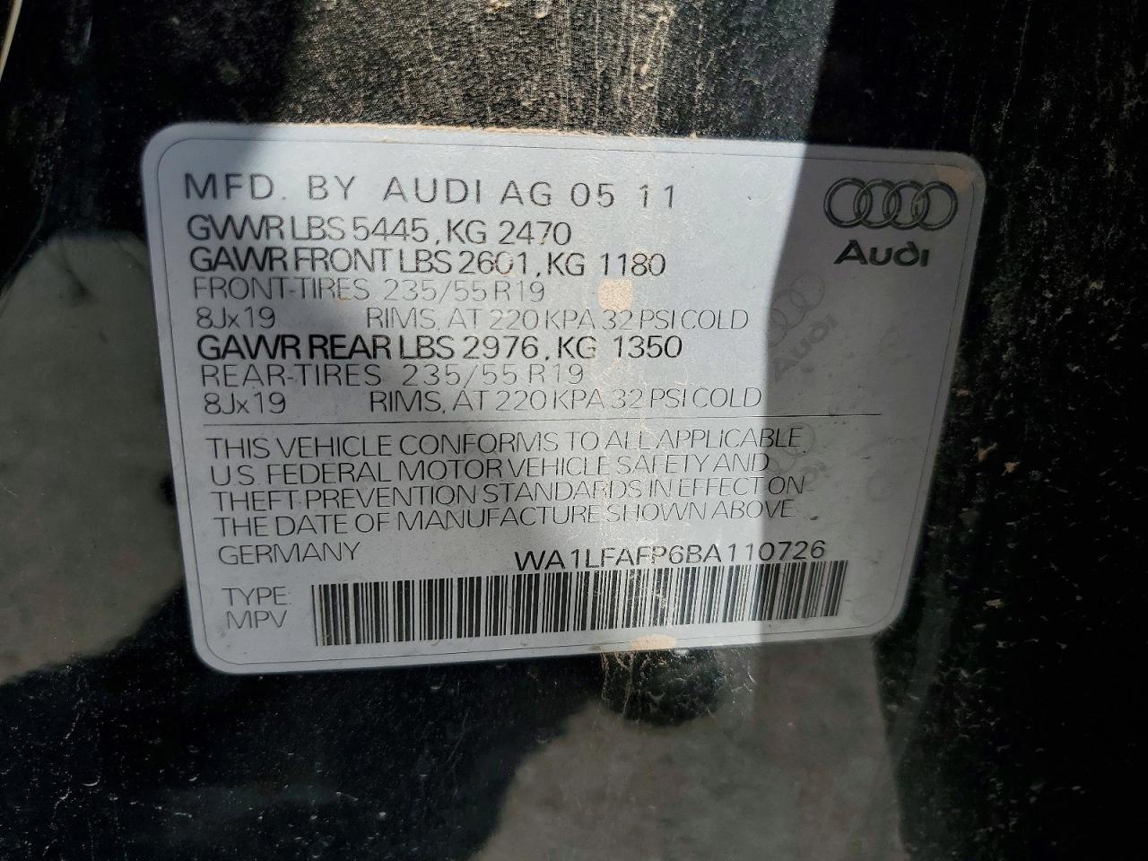 2011 Audi Q5 Premium Plus Черный vin: WA1LFAFP6BA110726