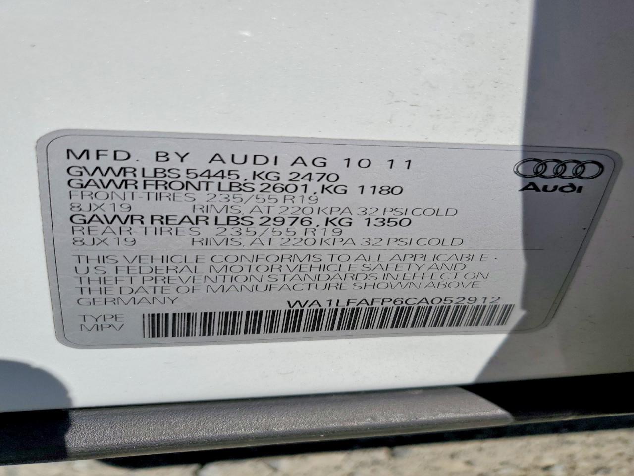 2012 Audi Q5 Premium Plus White vin: WA1LFAFP6CA052912