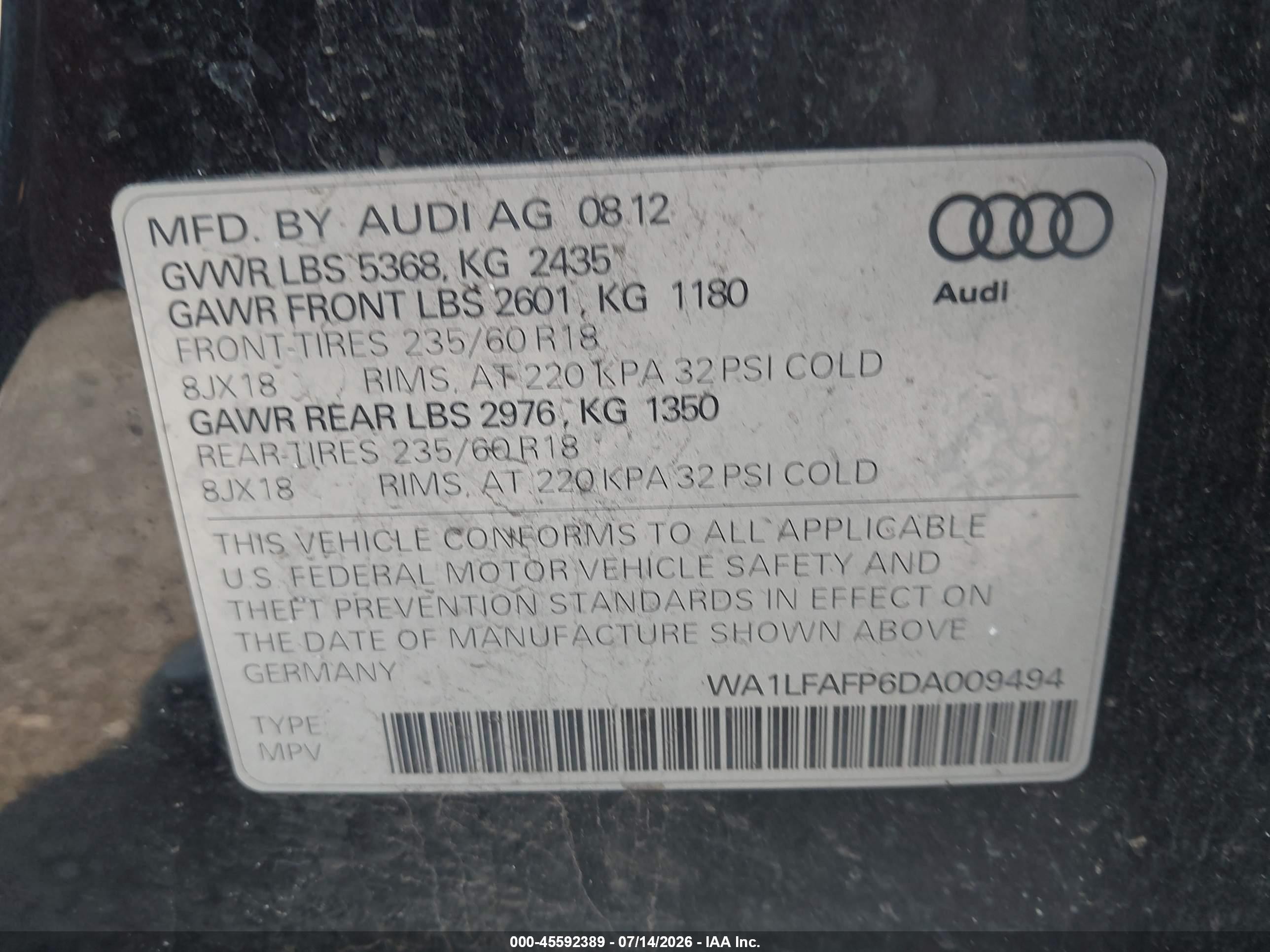 2013 Audi Q5 2.0t Premium Blue vin: WA1LFAFP6DA009494