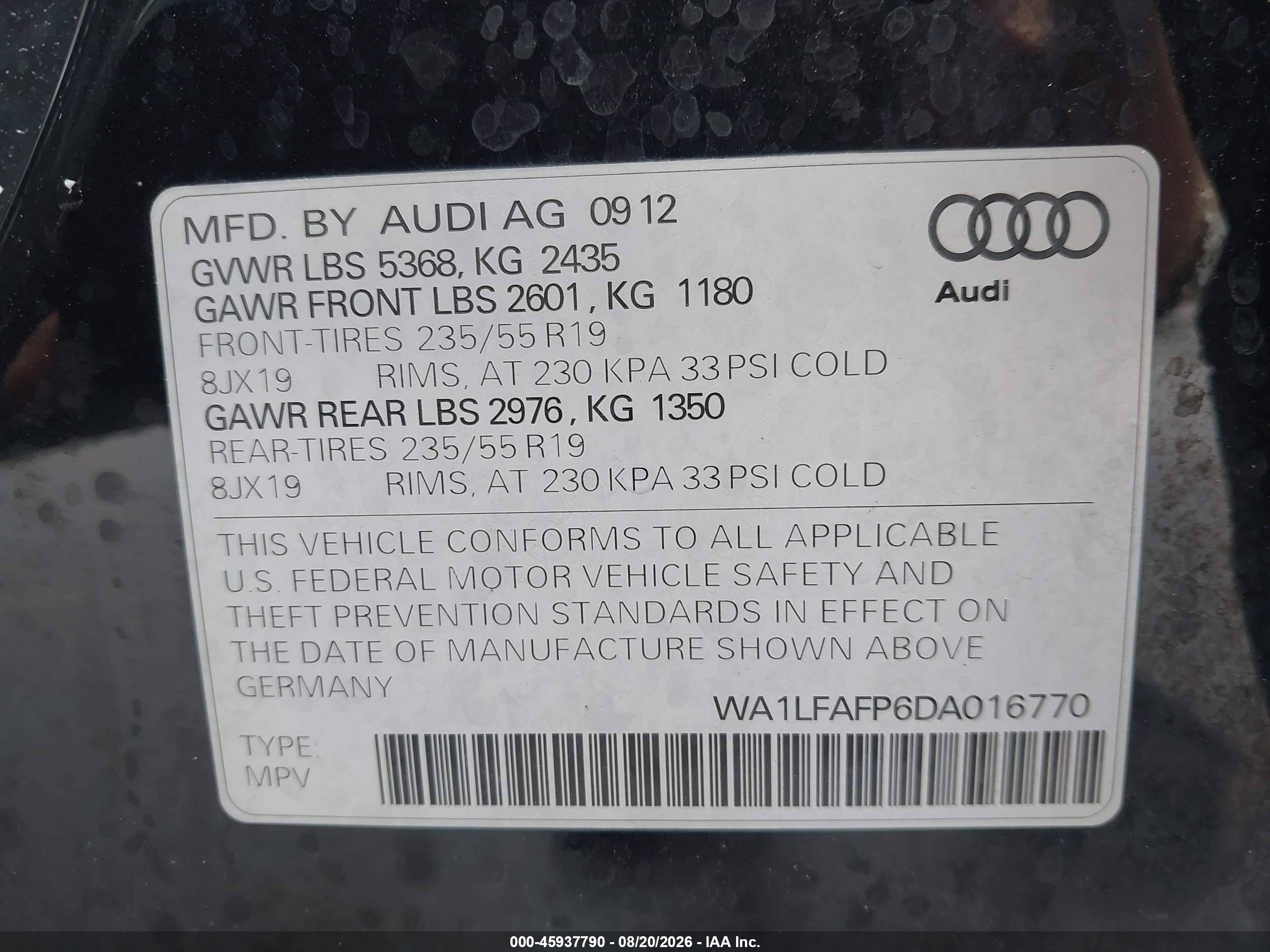 2013 Audi Q5 2.0t Premium Black vin: WA1LFAFP6DA016770