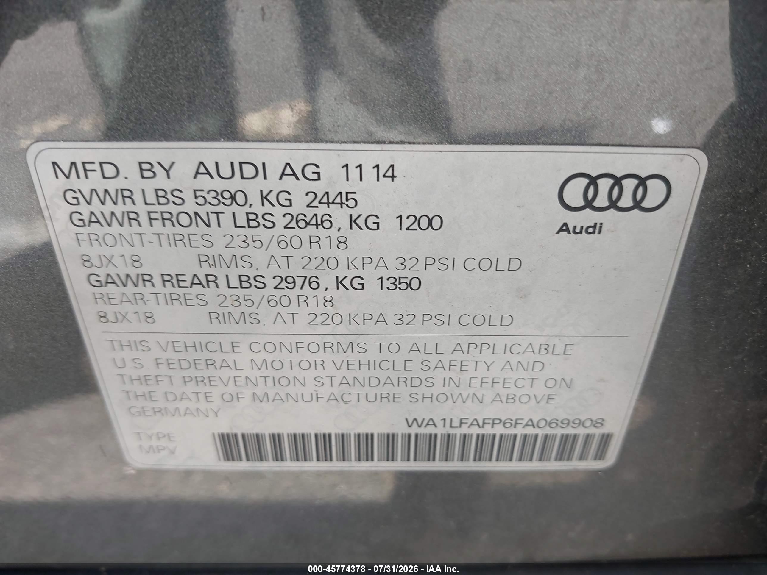 2015 Audi Q5 2.0t Premium Gray vin: WA1LFAFP6FA069908