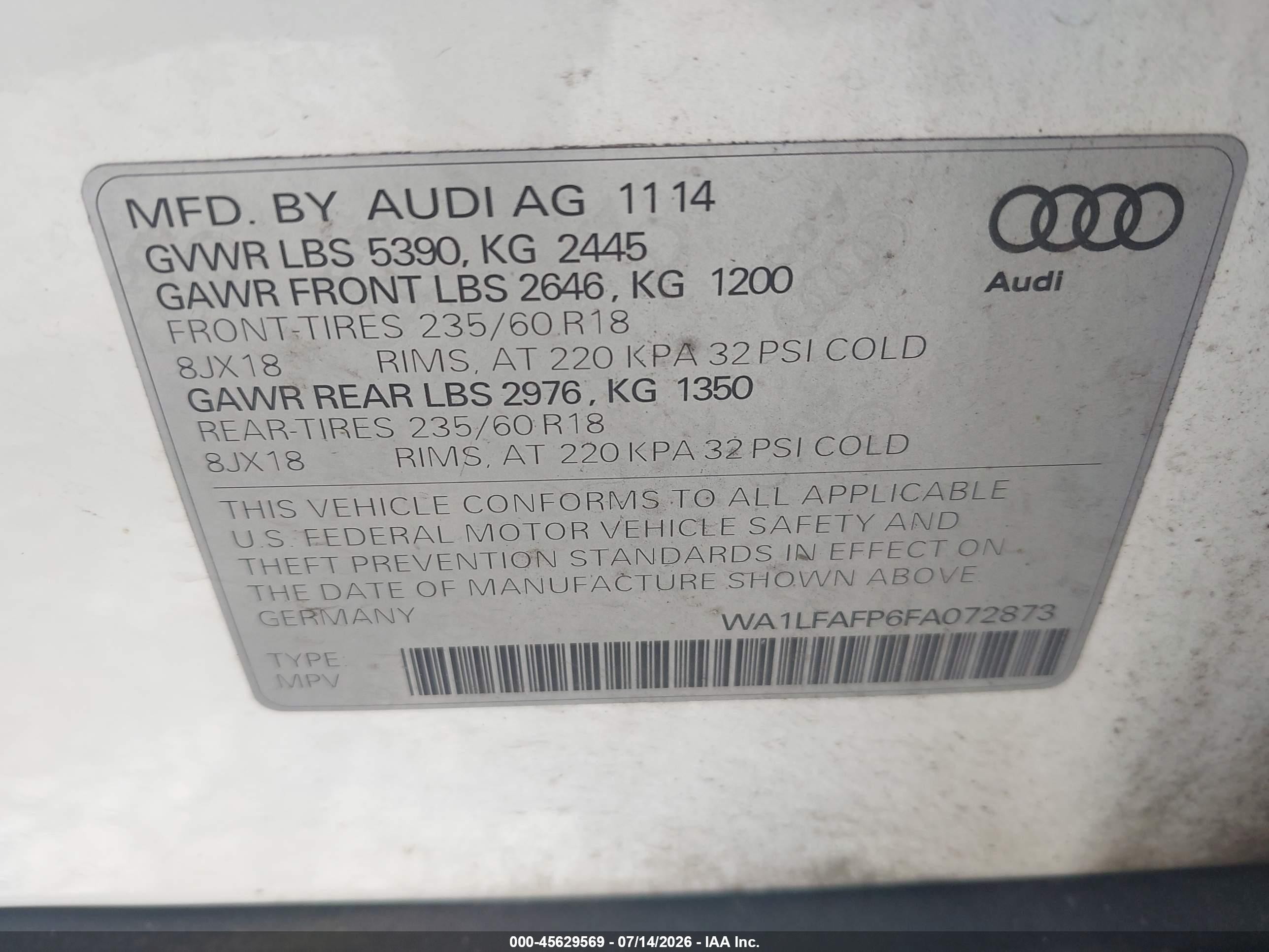 2015 Audi Q5 2.0t Premium White vin: WA1LFAFP6FA072873