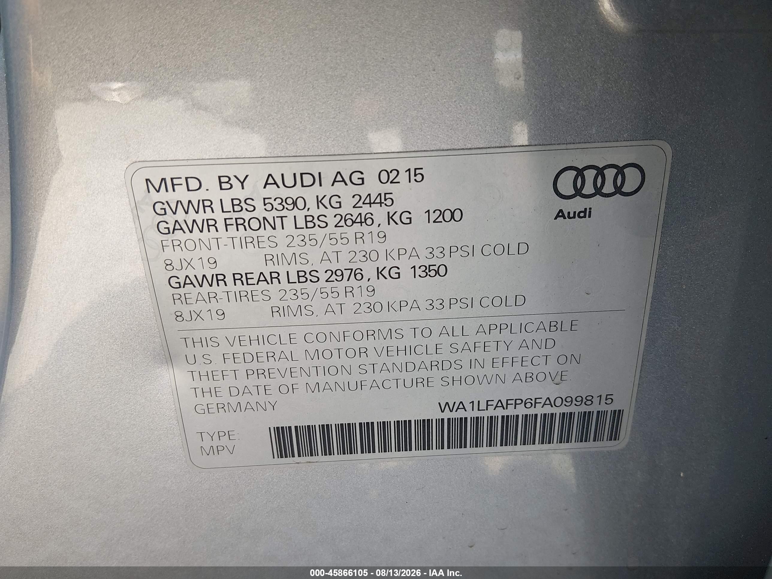 2015 Audi Q5 2.0t Premium Silver vin: WA1LFAFP6FA099815