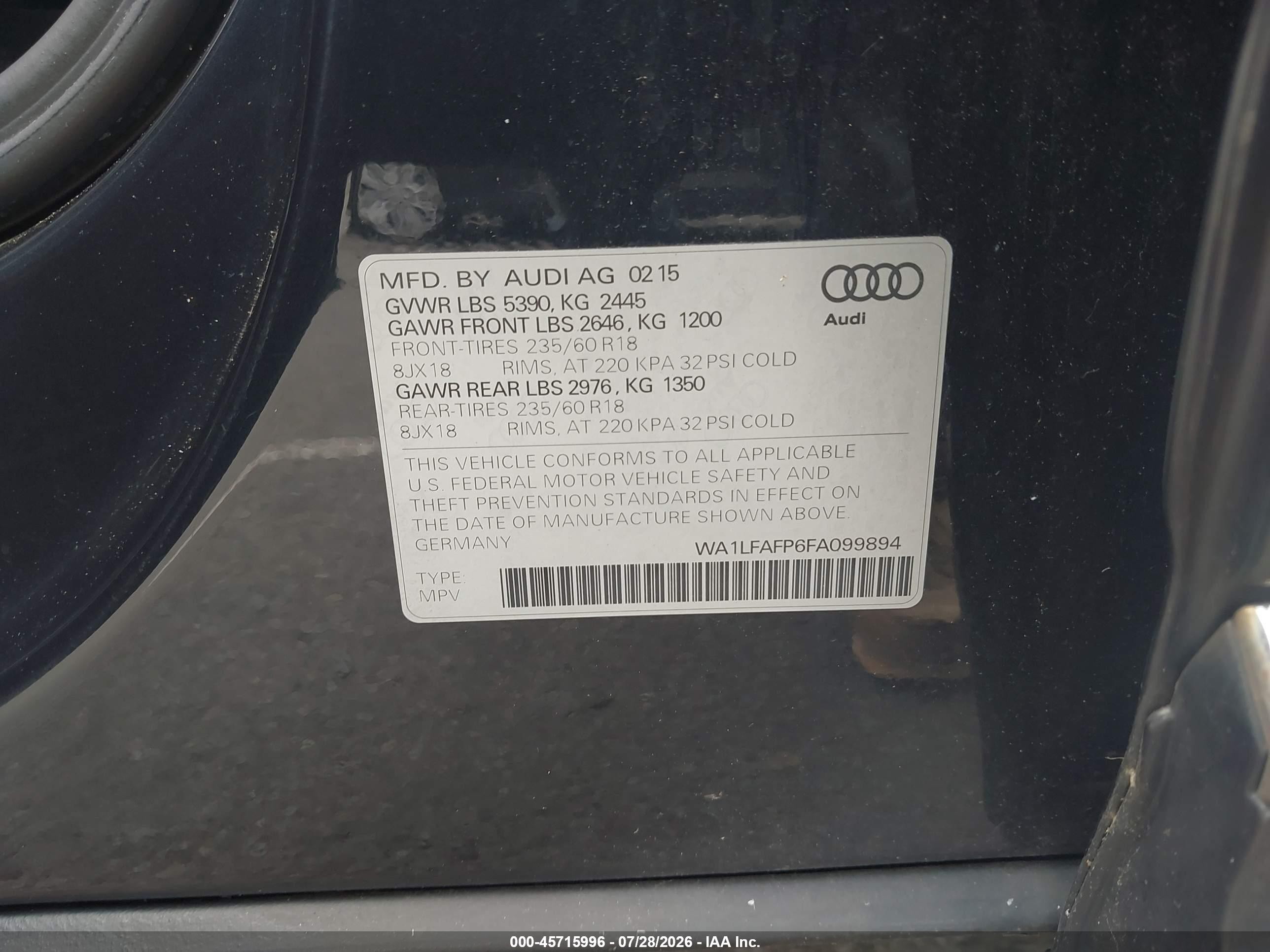 2015 Audi Q5 2.0t Premium Dark Blue vin: WA1LFAFP6FA099894