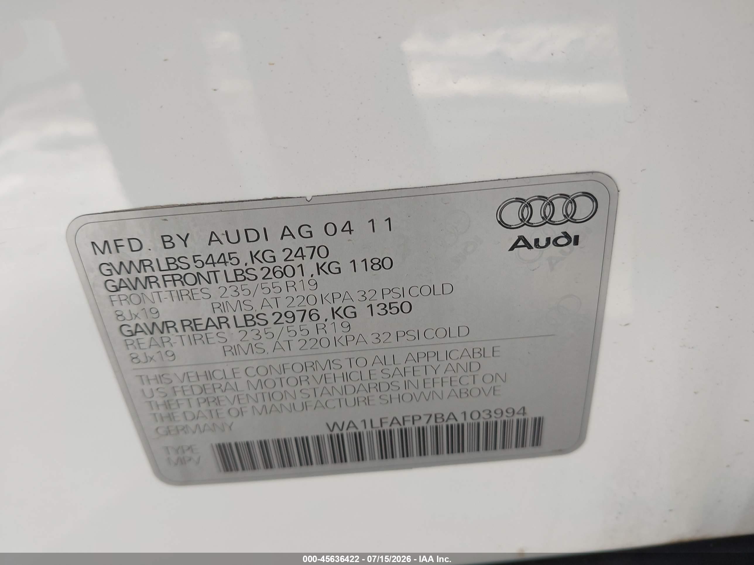 2011 Audi Q5 2.0t Premium White vin: WA1LFAFP7BA103994
