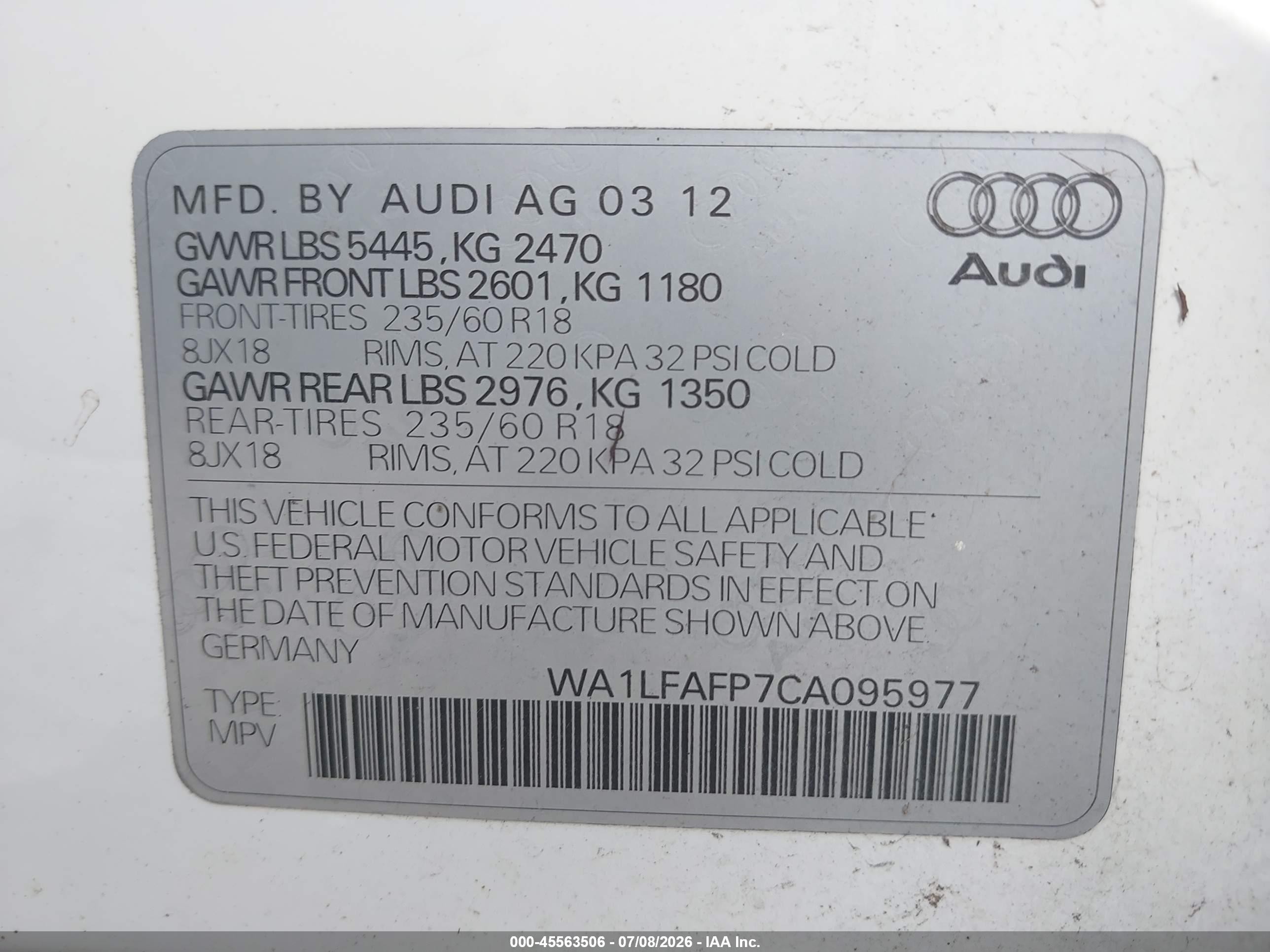 2012 Audi Q5 2.0t Premium White vin: WA1LFAFP7CA095977