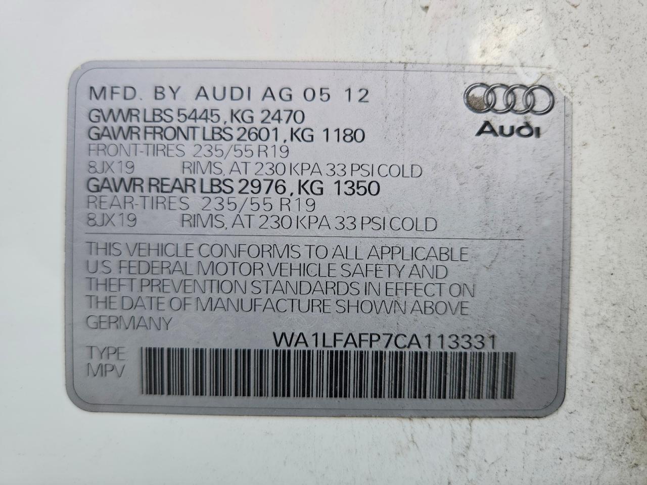 2012 Audi Q5 Premium Plus White vin: WA1LFAFP7CA113331