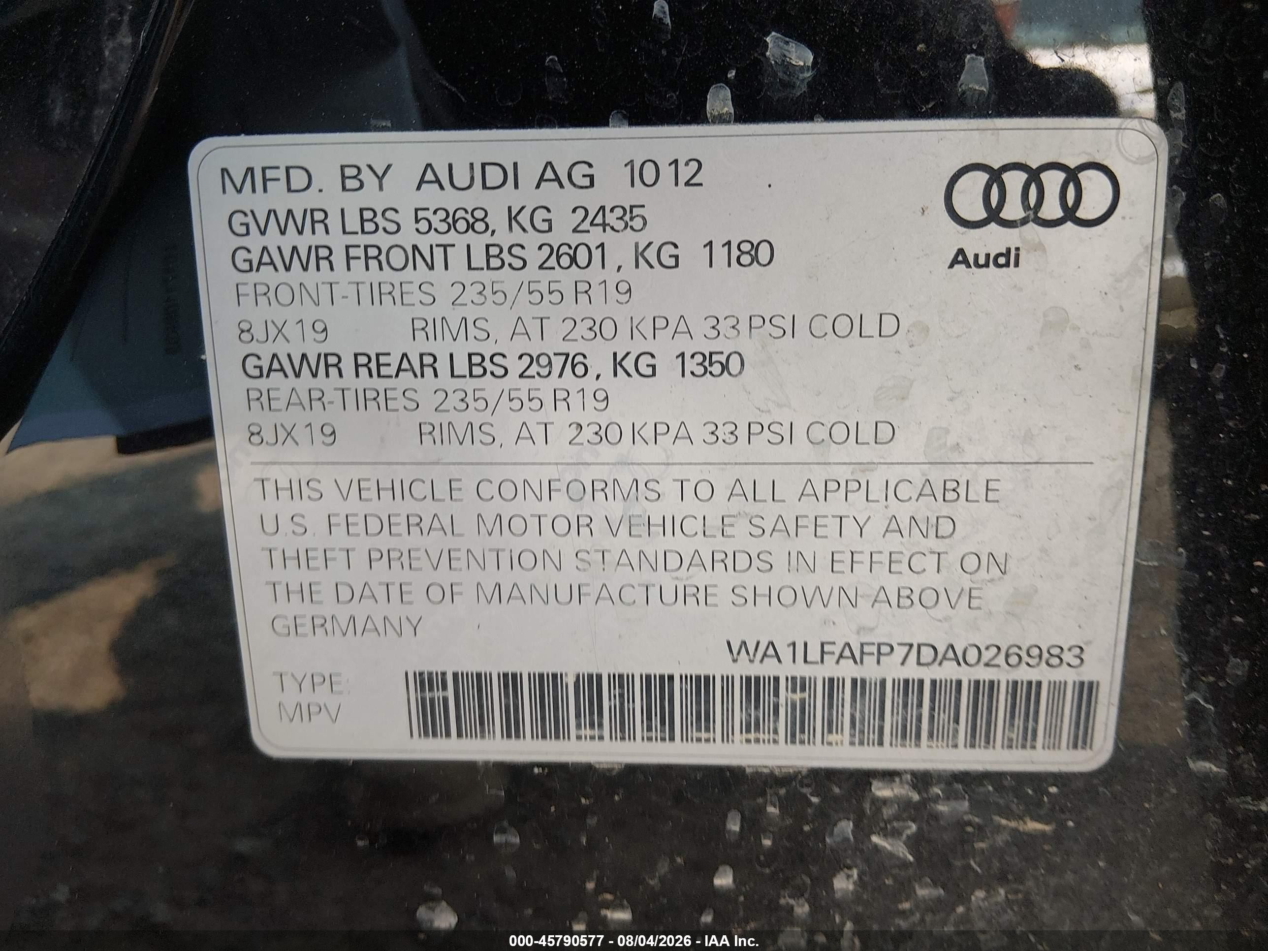 2013 Audi Q5 2.0t Premium Black vin: WA1LFAFP7DA026983