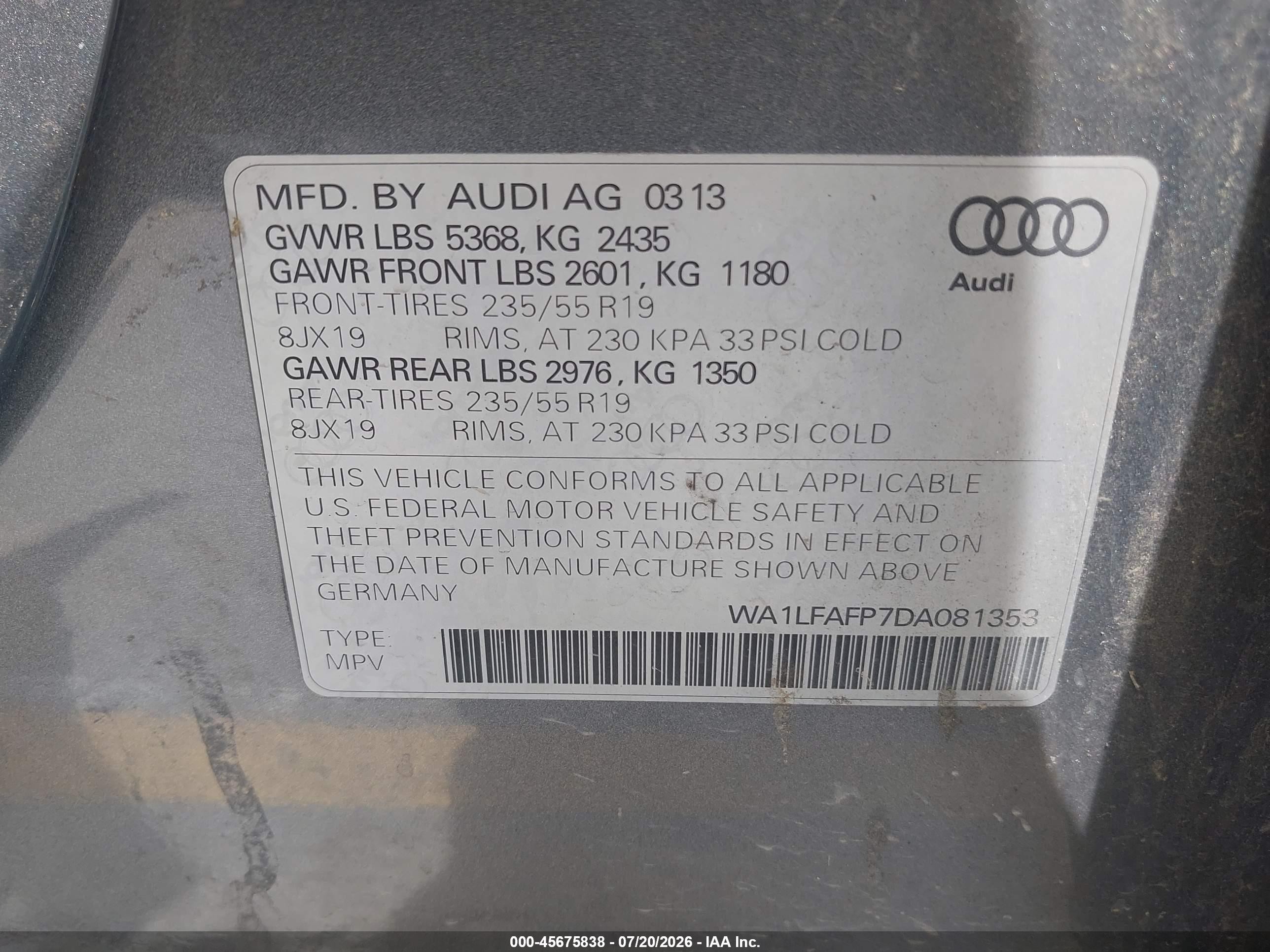 2013 Audi Q5 2.0t Premium Gray vin: WA1LFAFP7DA081353