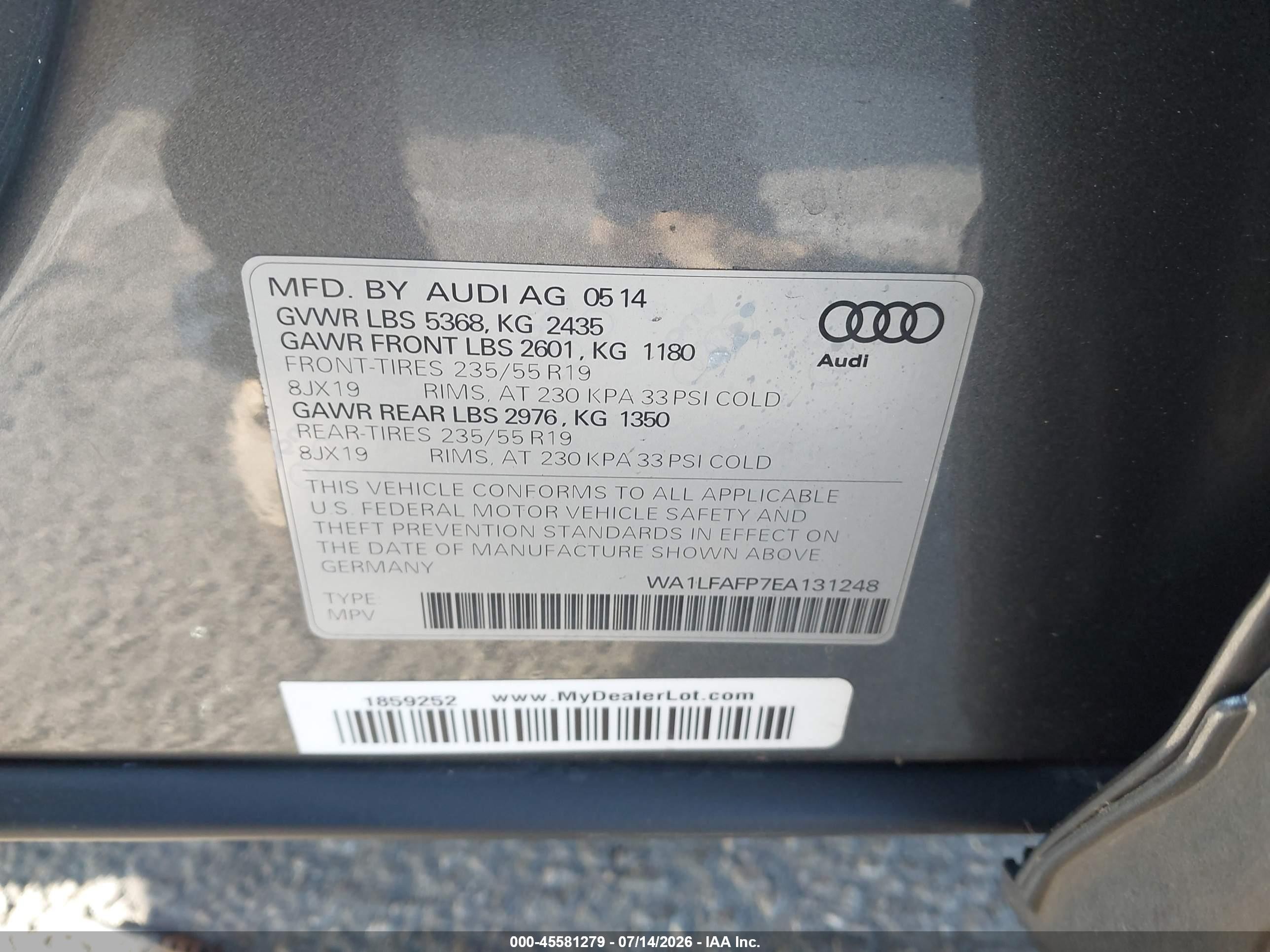 2014 Audi Q5 2.0t Premium Gray vin: WA1LFAFP7EA131248
