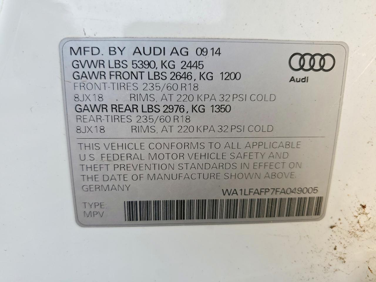 2015 Audi Q5 Premium Plus Белый vin: WA1LFAFP7FA049005