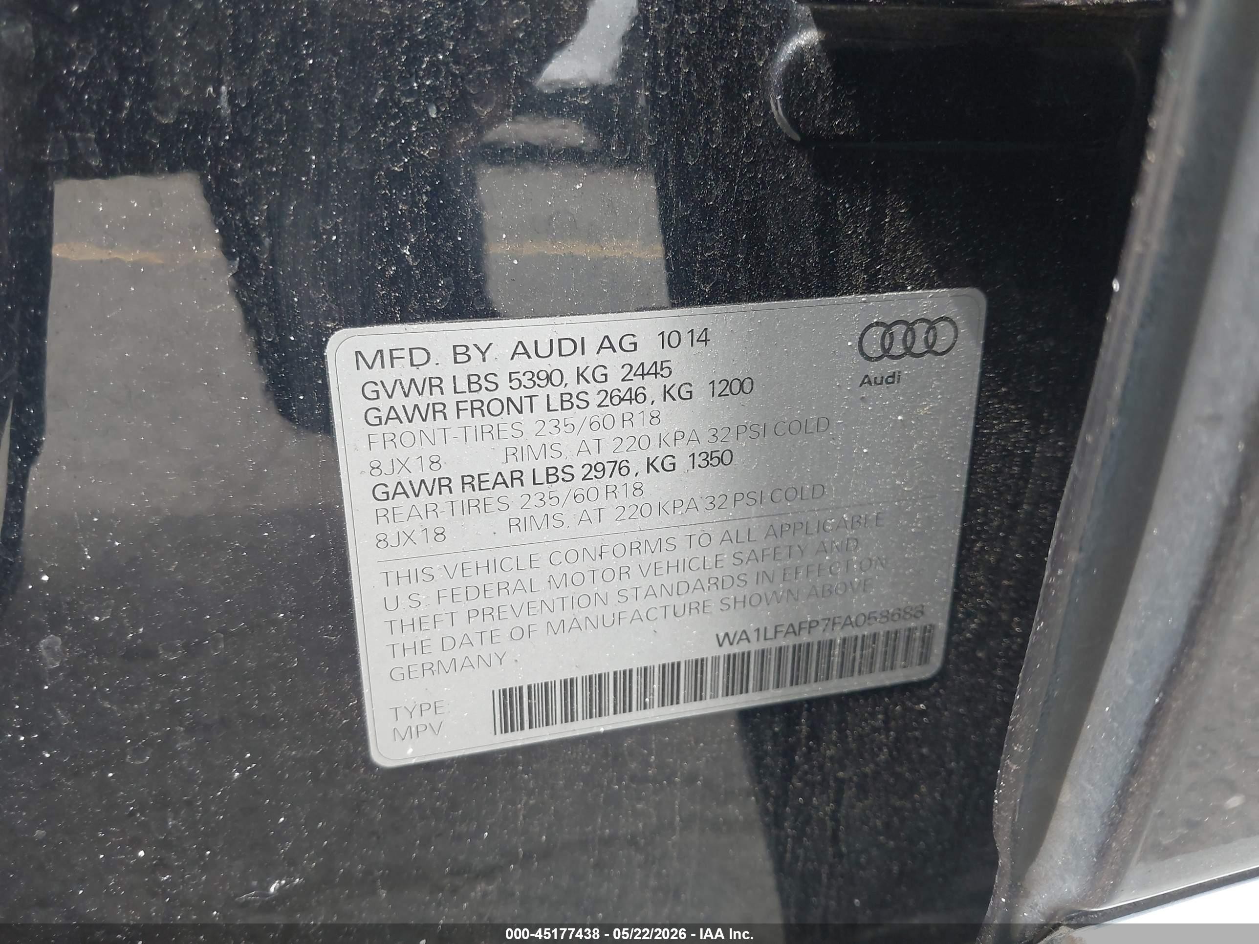 2015 Audi Q5 2.0t Premium Черный vin: WA1LFAFP7FA058688