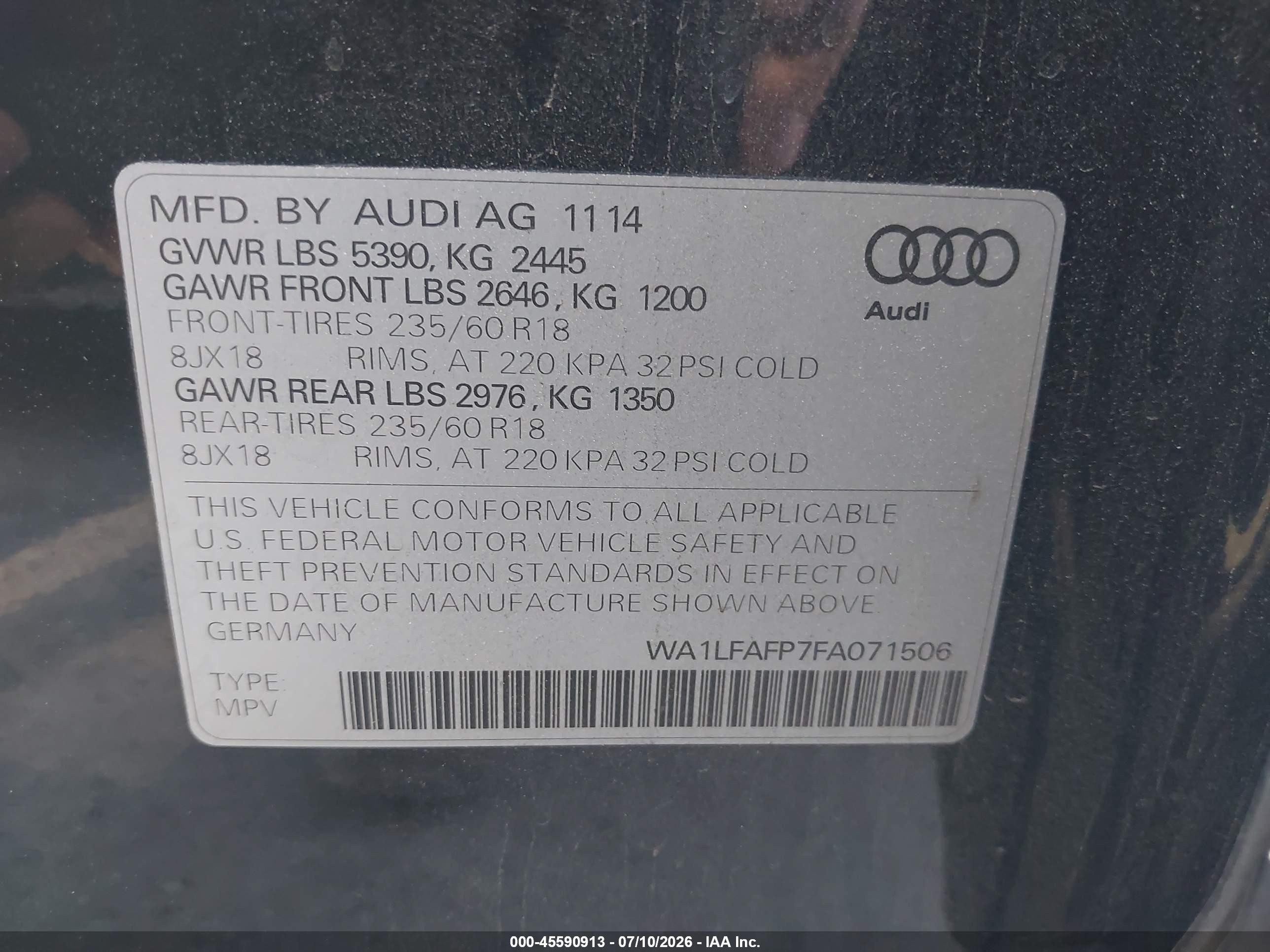 2015 Audi Q5 2.0t Premium Серый vin: WA1LFAFP7FA071506
