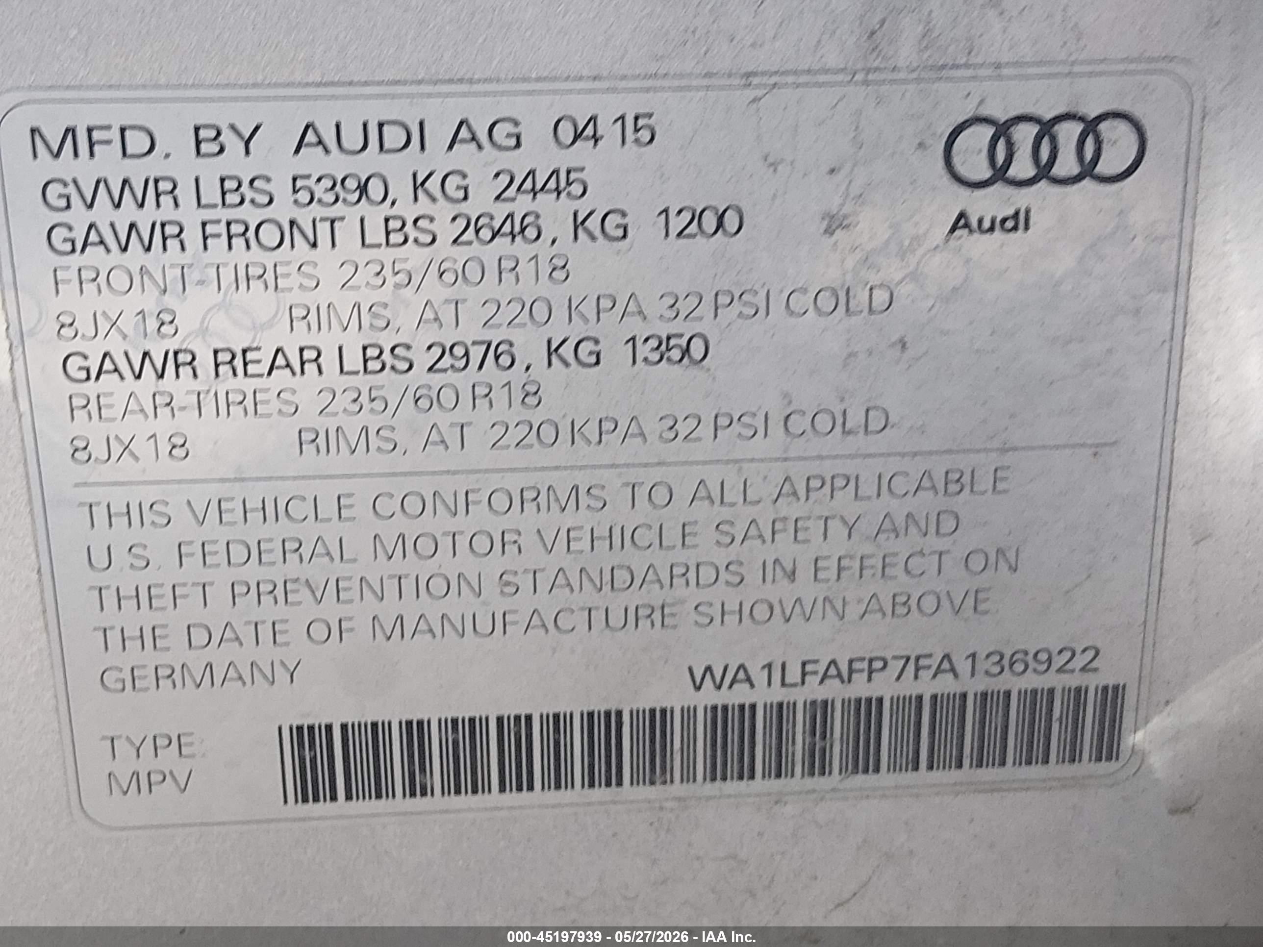 2015 Audi Q5 2.0t Premium Light Blue vin: WA1LFAFP7FA136922