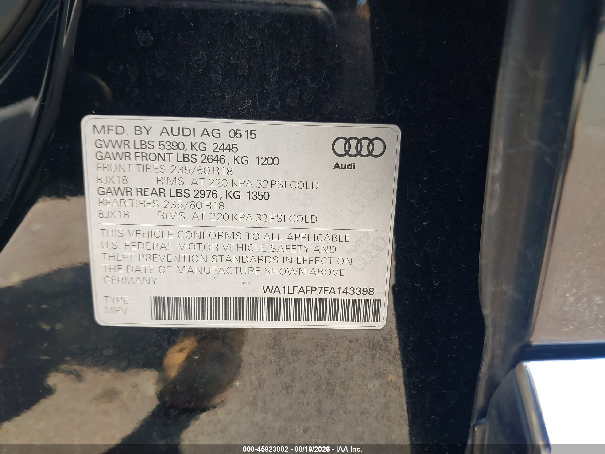 2015 Audi Q5 2.0t Premium Black vin: WA1LFAFP7FA143398