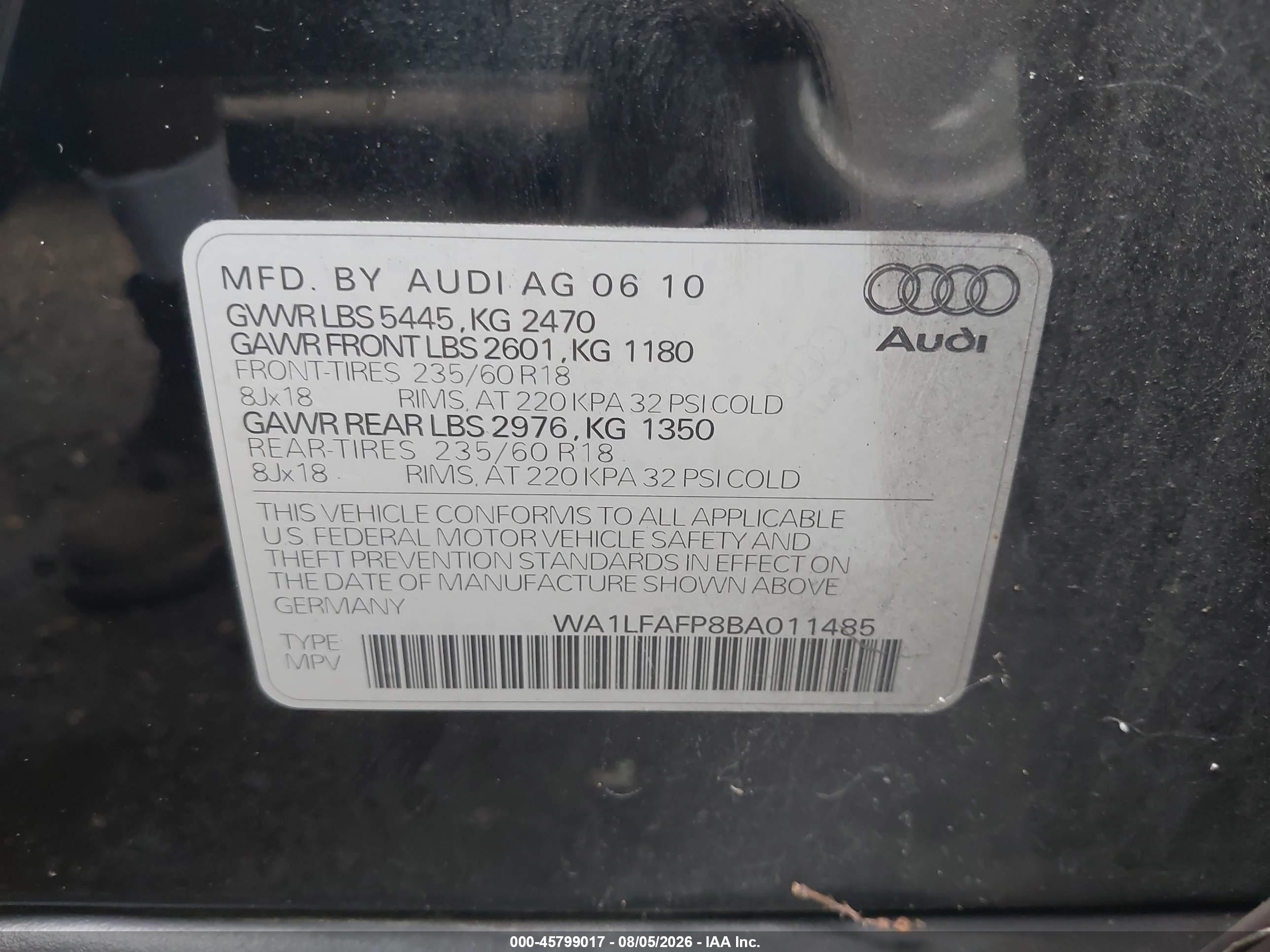 2011 Audi Q5 2.0t Premium Black vin: WA1LFAFP8BA011485