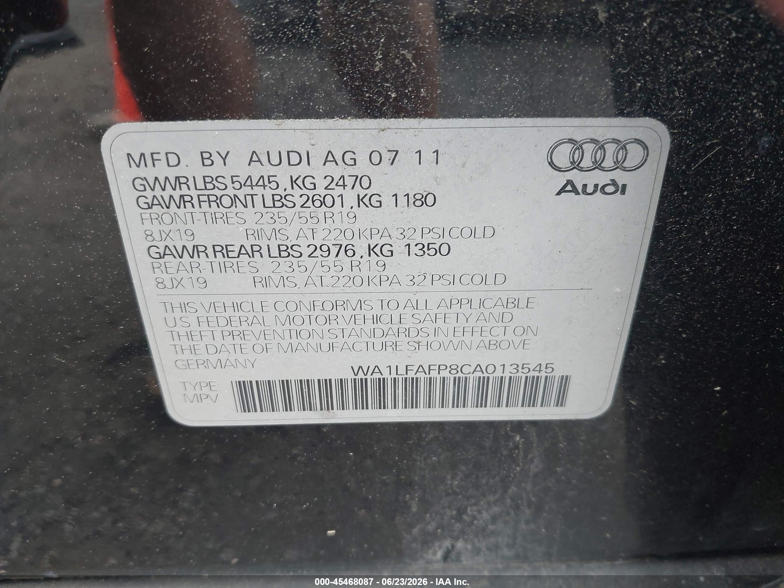 2012 Audi Q5 2.0t Premium Black vin: WA1LFAFP8CA013545