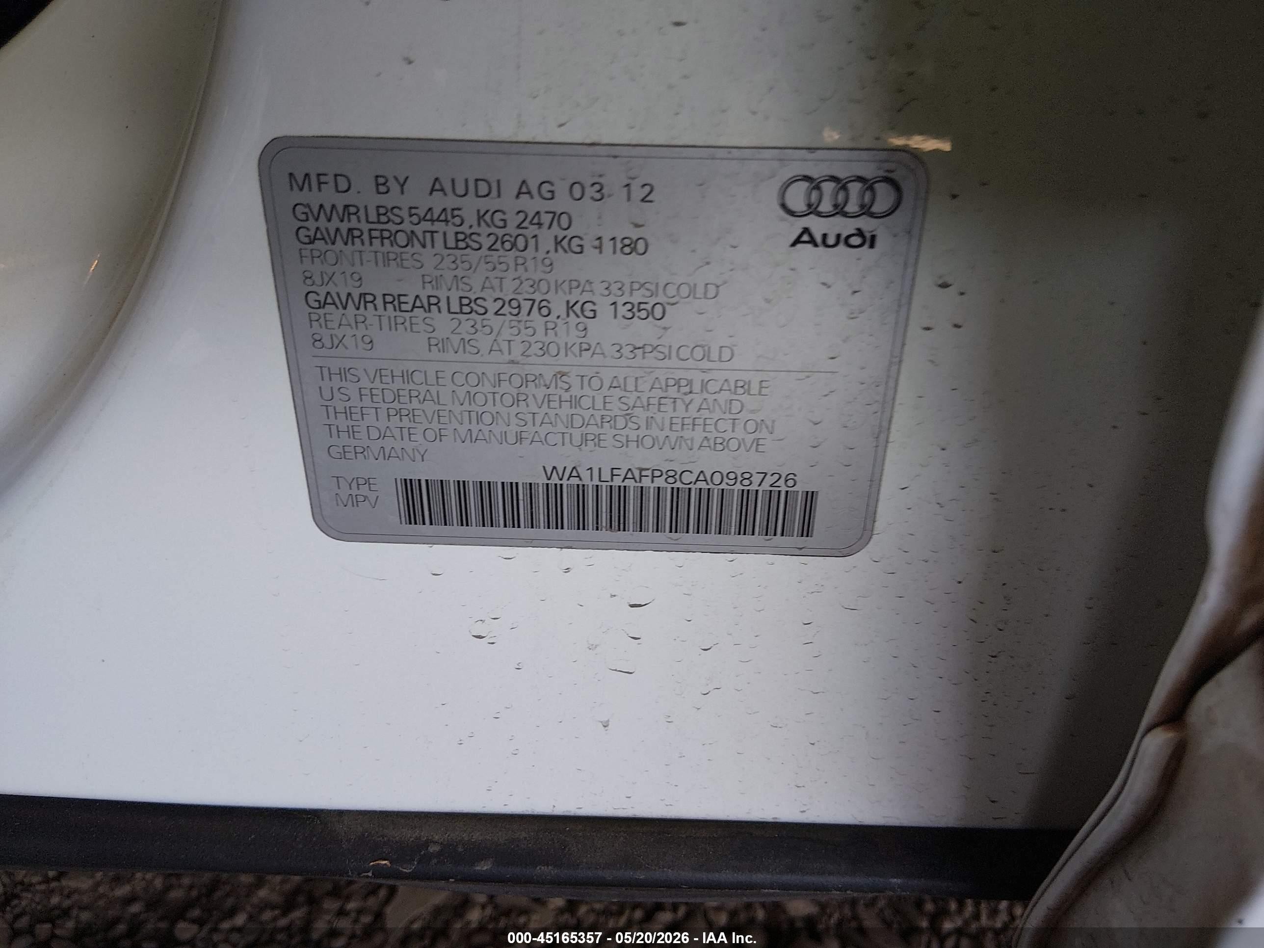 2012 Audi Q5 2.0t Premium White vin: WA1LFAFP8CA098726