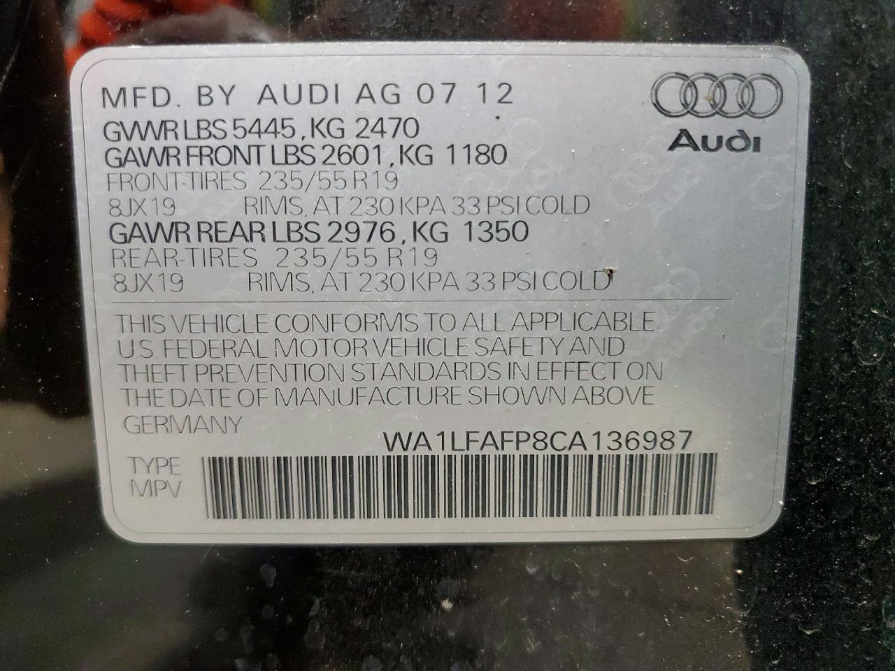 2012 Audi Q5 Premium Plus Черный vin: WA1LFAFP8CA136987