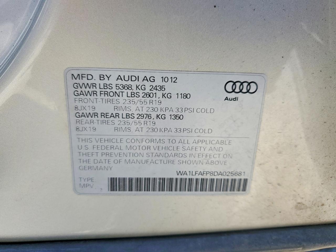 2013 Audi Q5 Premium Plus Серебряный vin: WA1LFAFP8DA025681