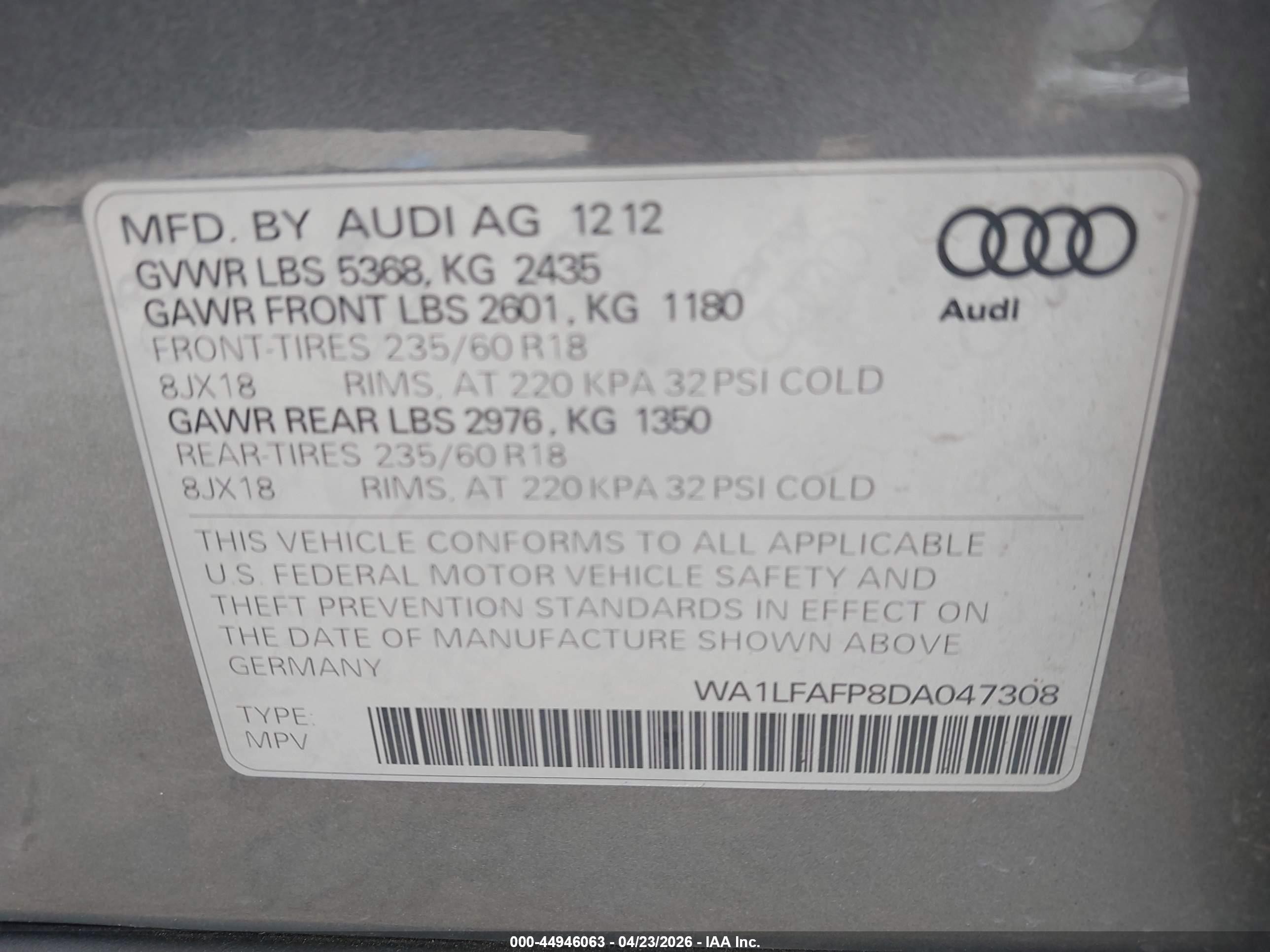 2013 Audi Q5 2.0t Premium Gray vin: WA1LFAFP8DA047308