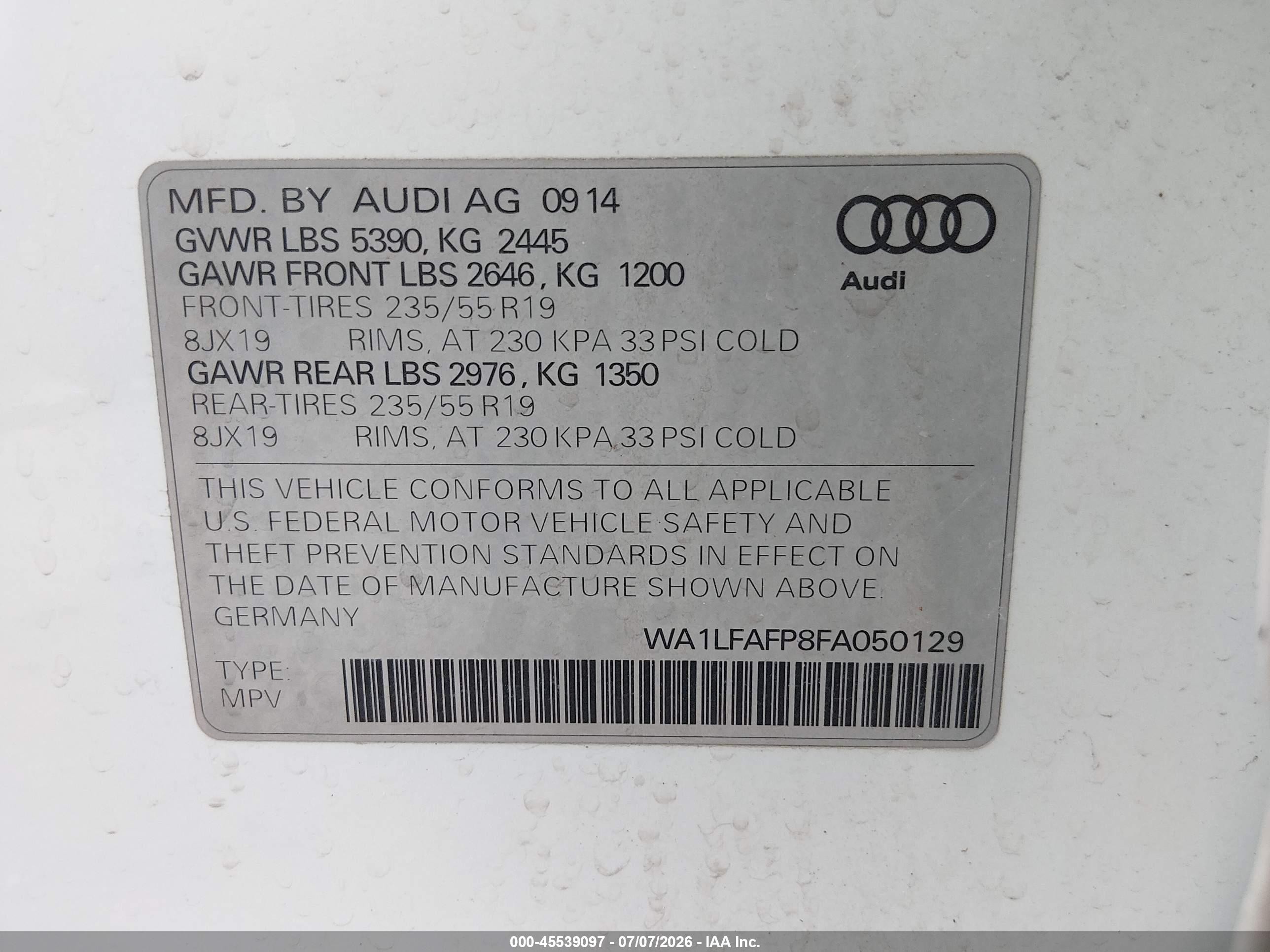2015 Audi Q5 2.0t Premium White vin: WA1LFAFP8FA050129