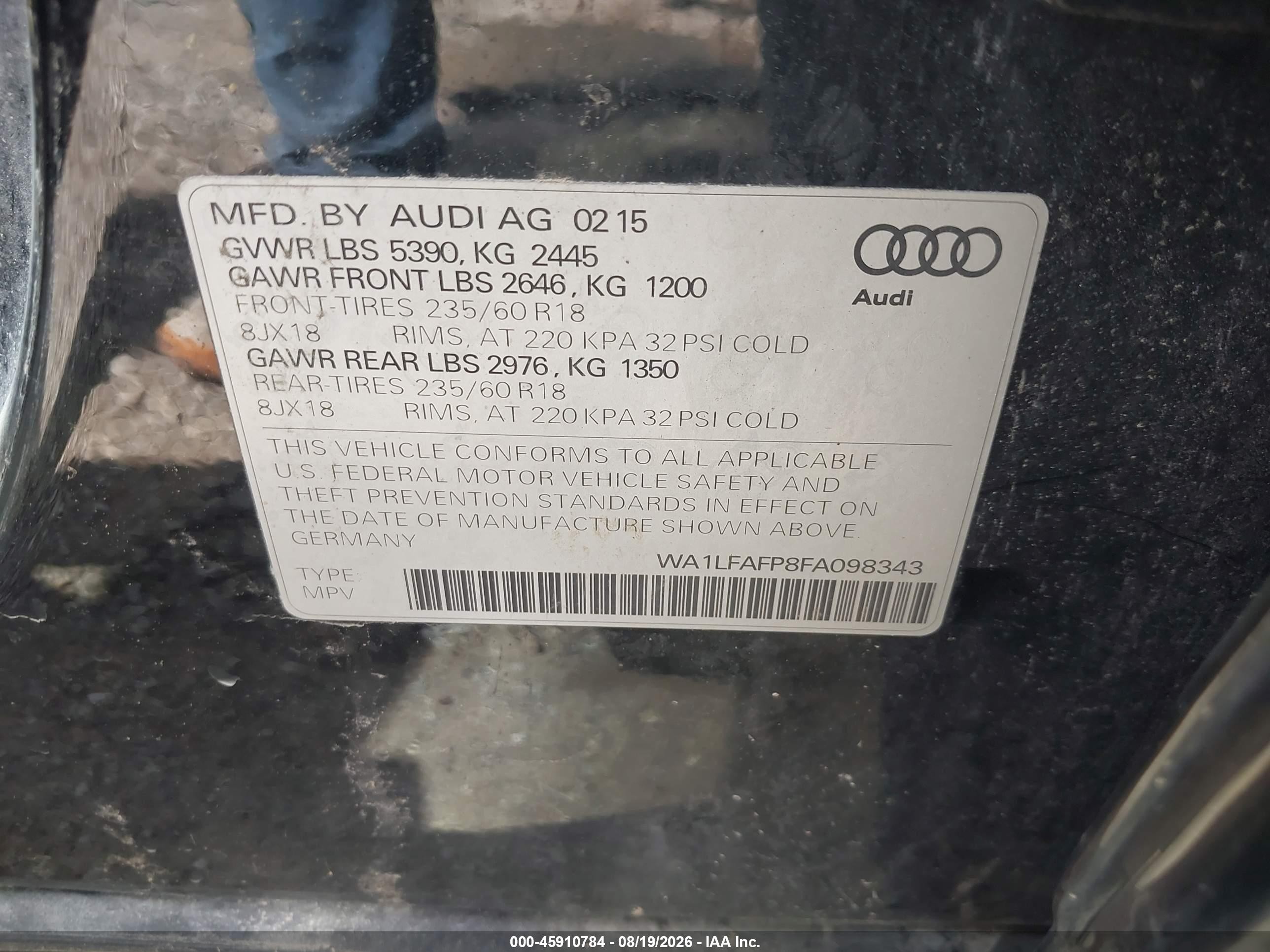 2015 Audi Q5 2.0t Premium Black vin: WA1LFAFP8FA098343
