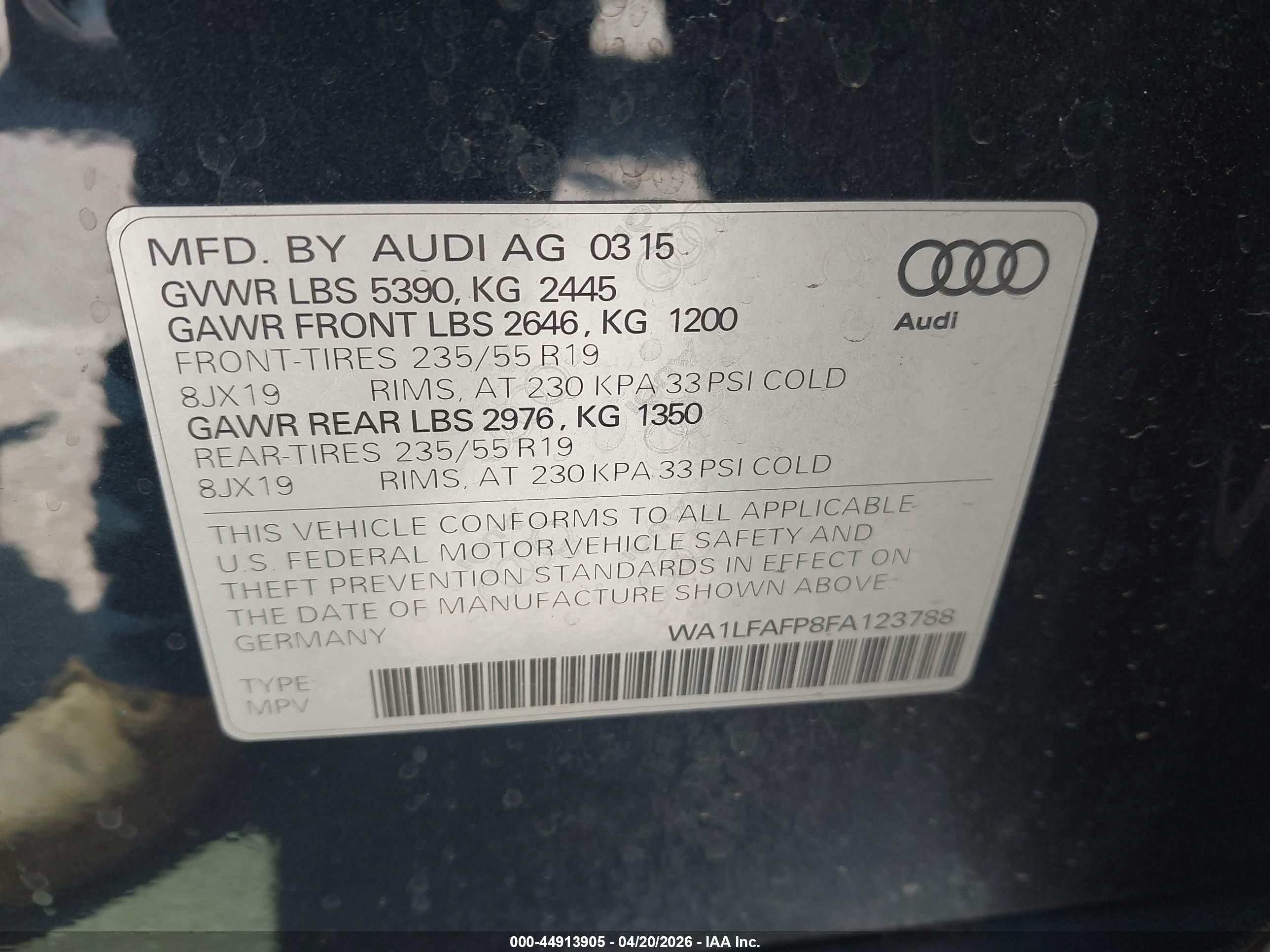 2015 Audi Q5 2.0t Premium Blue vin: WA1LFAFP8FA123788