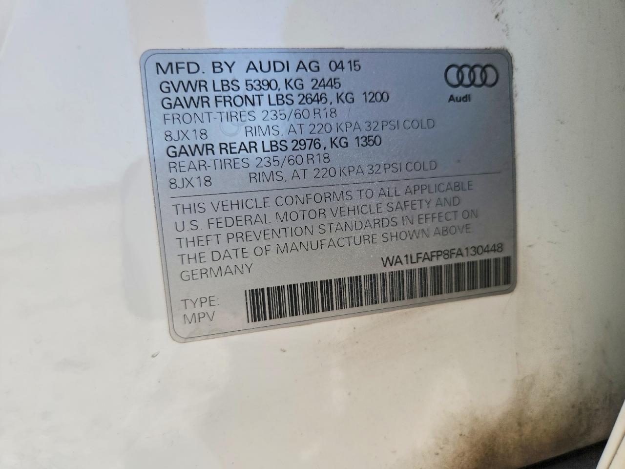 2015 Audi Q5 Premium Plus White vin: WA1LFAFP8FA130448