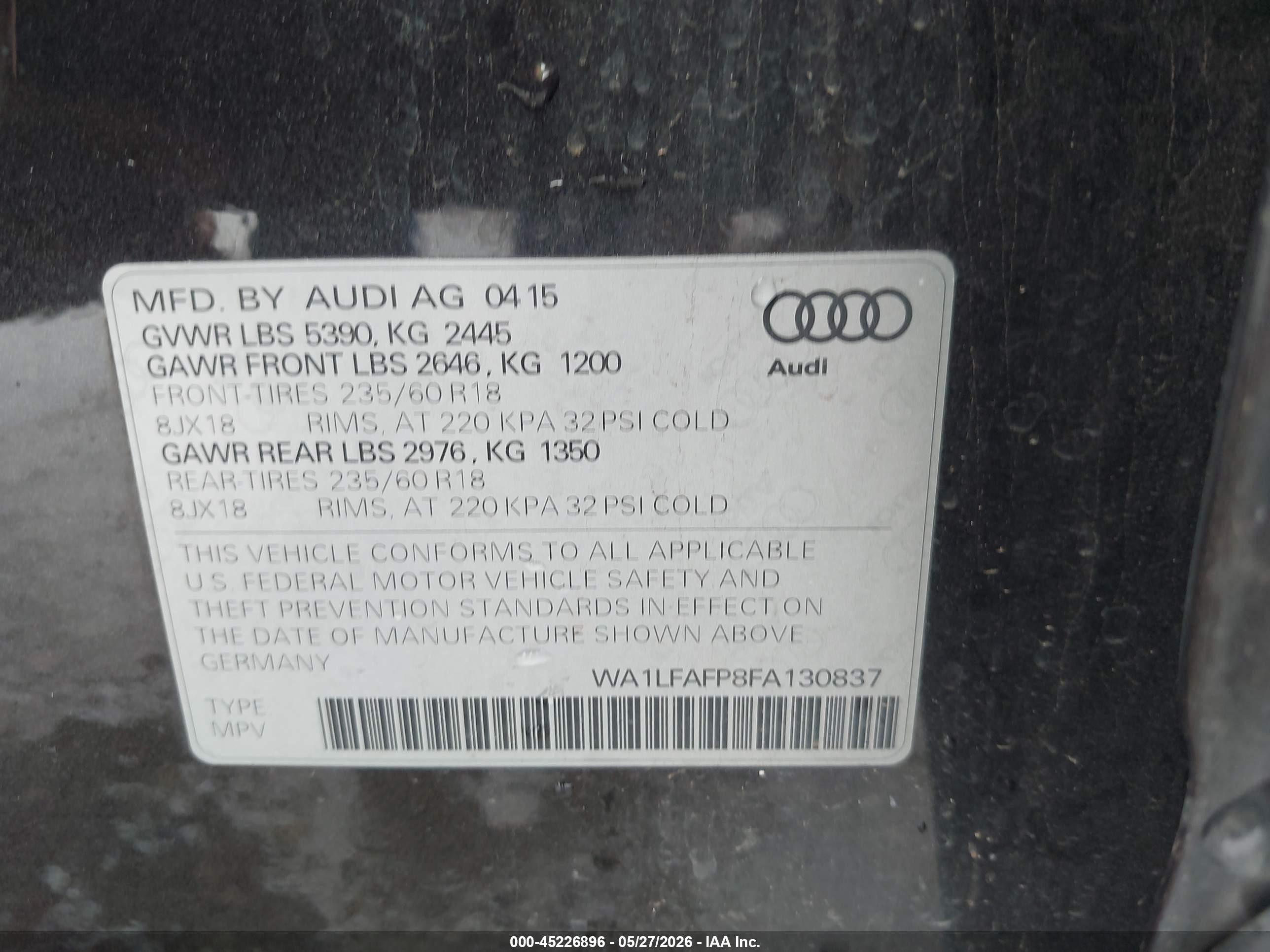 2015 Audi Q5 2.0t Premium Black vin: WA1LFAFP8FA130837