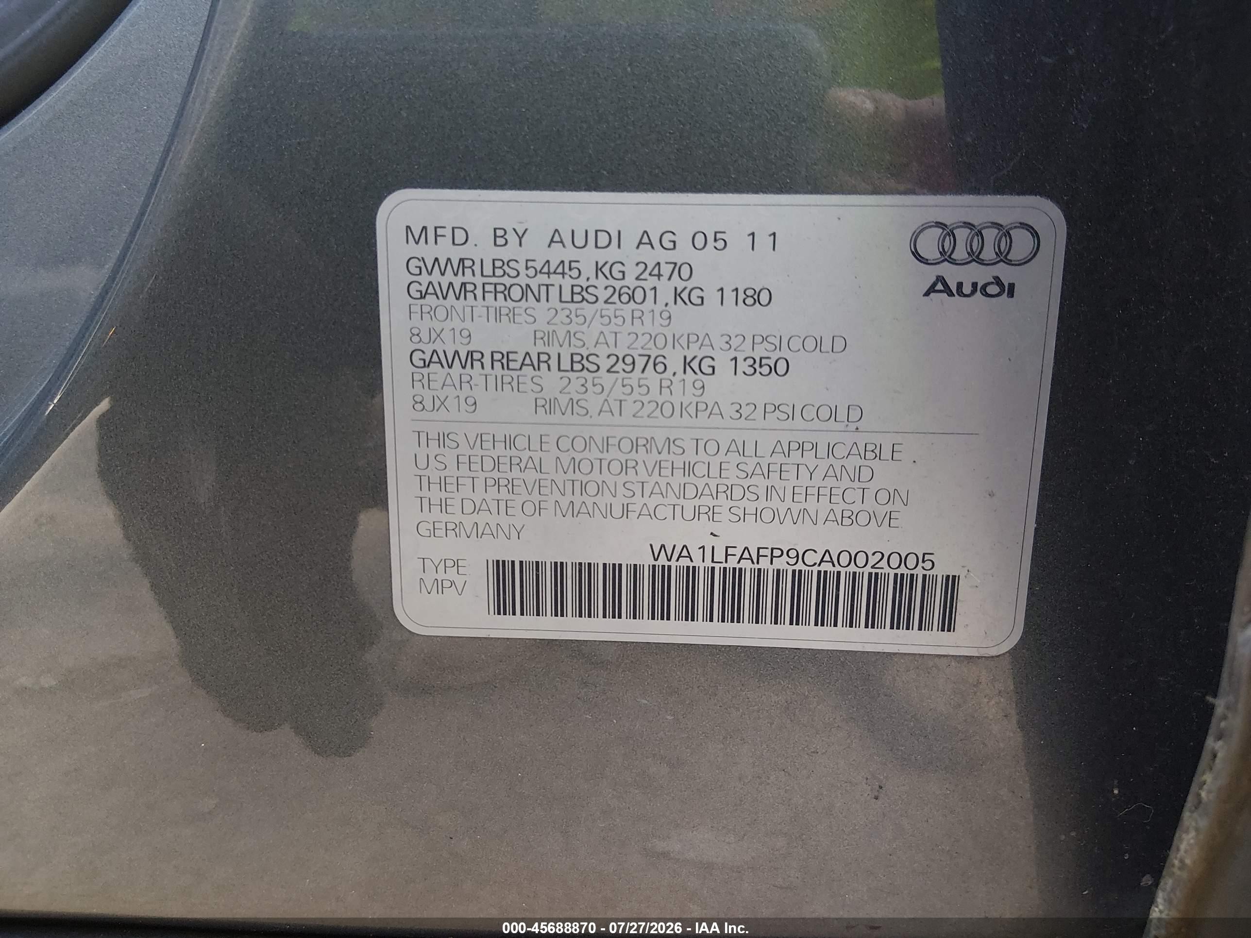 2012 Audi Q5 2.0t Premium Gray vin: WA1LFAFP9CA002005