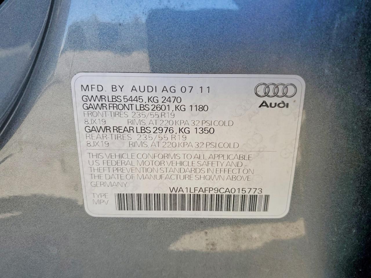 2012 Audi Q5 Premium Plus Серый vin: WA1LFAFP9CA015773