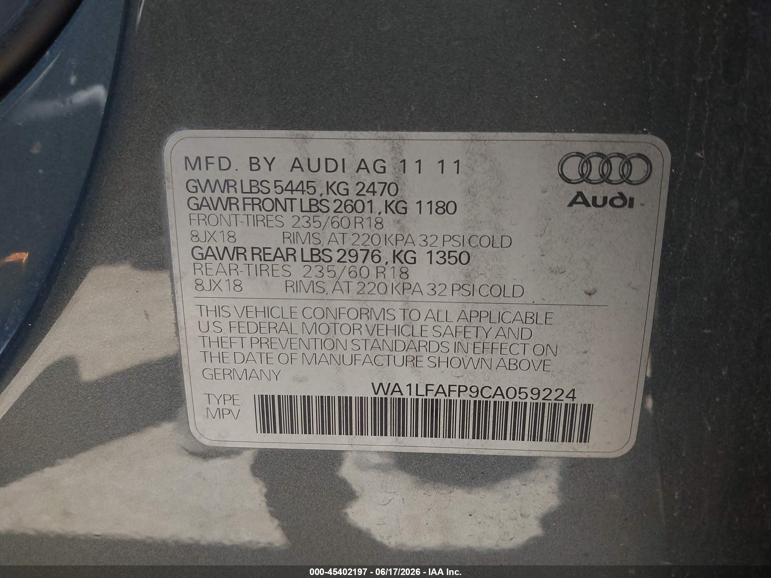 2012 Audi Q5 2.0t Premium Gray vin: WA1LFAFP9CA059224