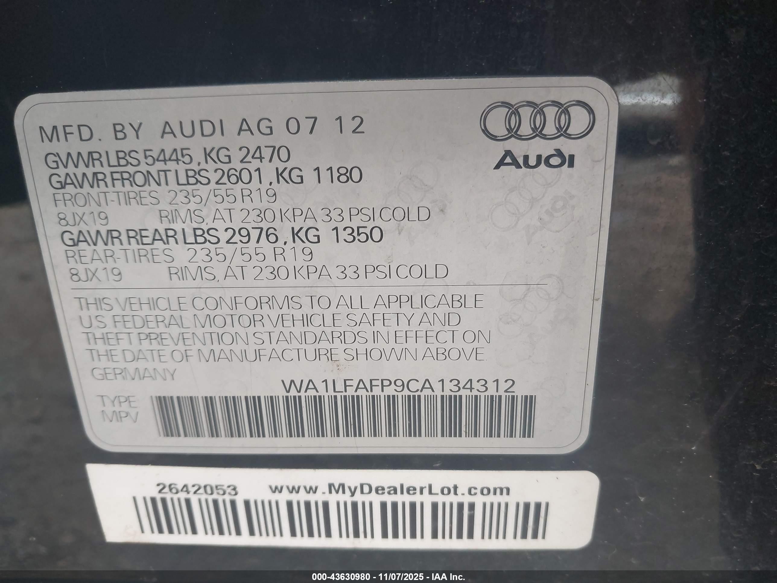 2012 Audi Q5 2.0t Premium Black vin: WA1LFAFP9CA134312