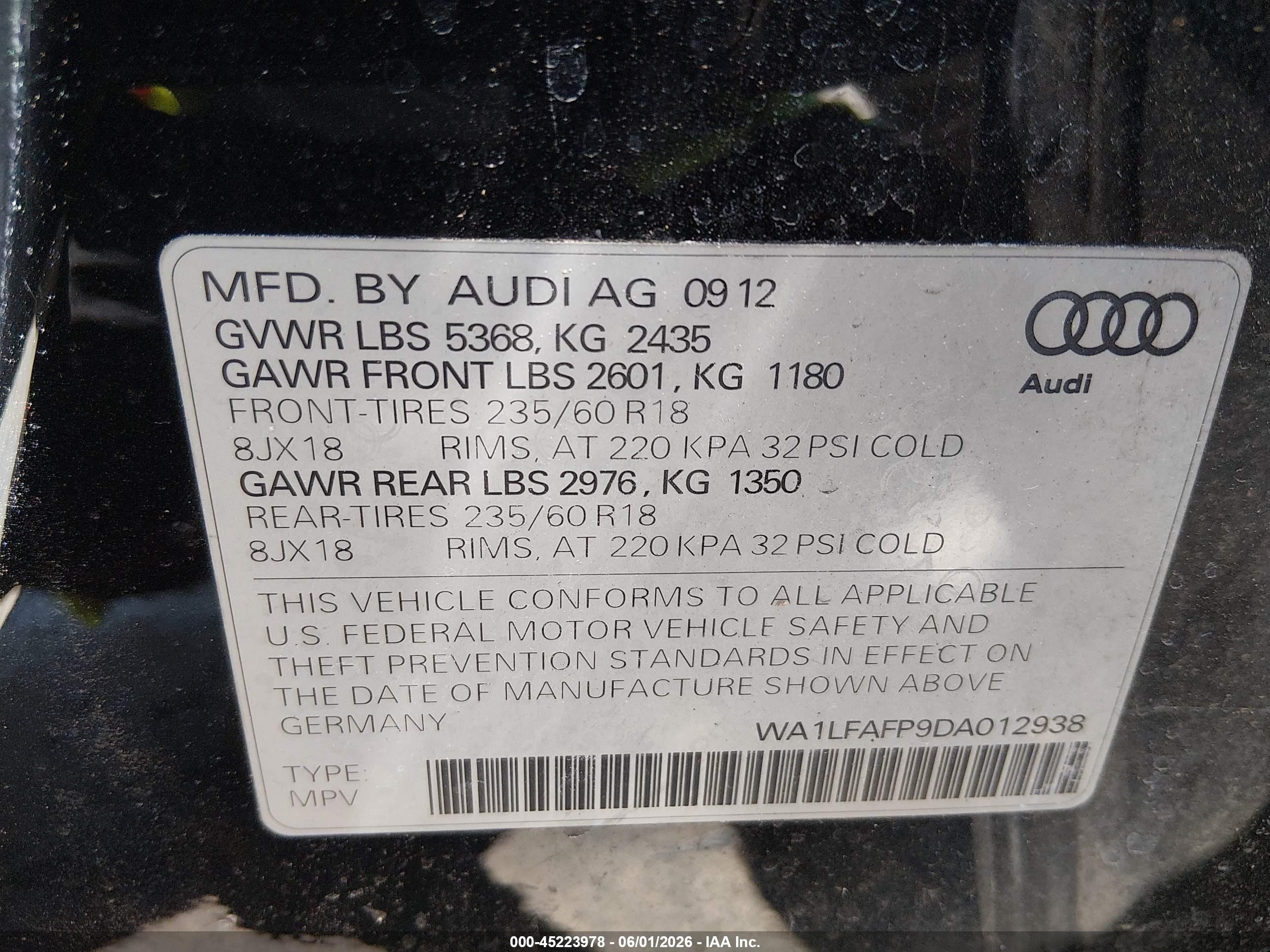 2013 Audi Q5 2.0t Premium Black vin: WA1LFAFP9DA012938