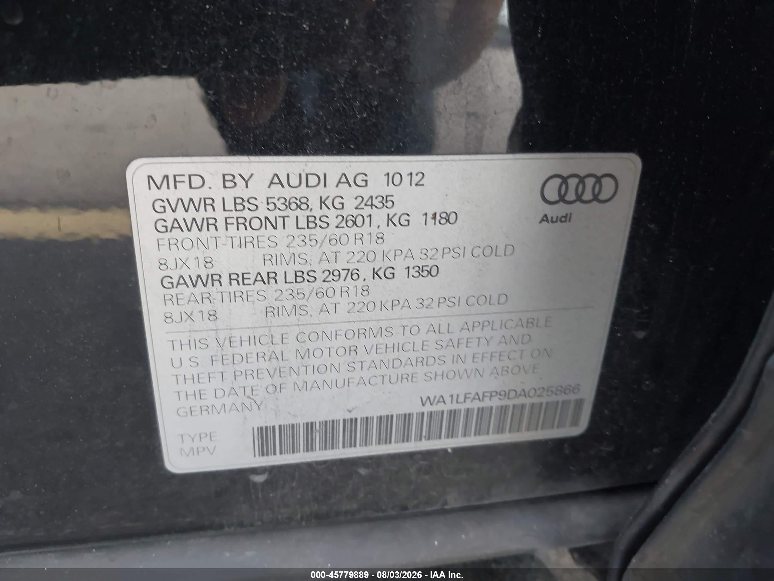 2013 Audi Q5 2.0t Premium Black vin: WA1LFAFP9DA025866