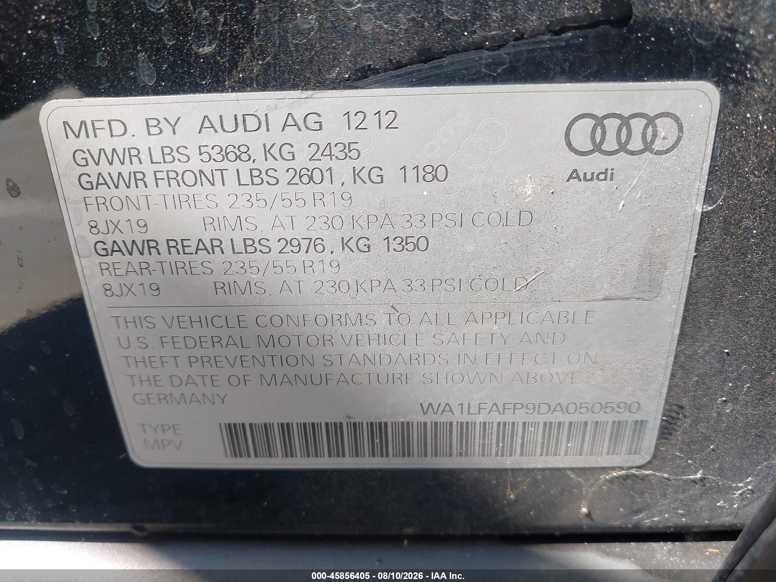 2013 Audi Q5 2.0t Premium Black vin: WA1LFAFP9DA050590
